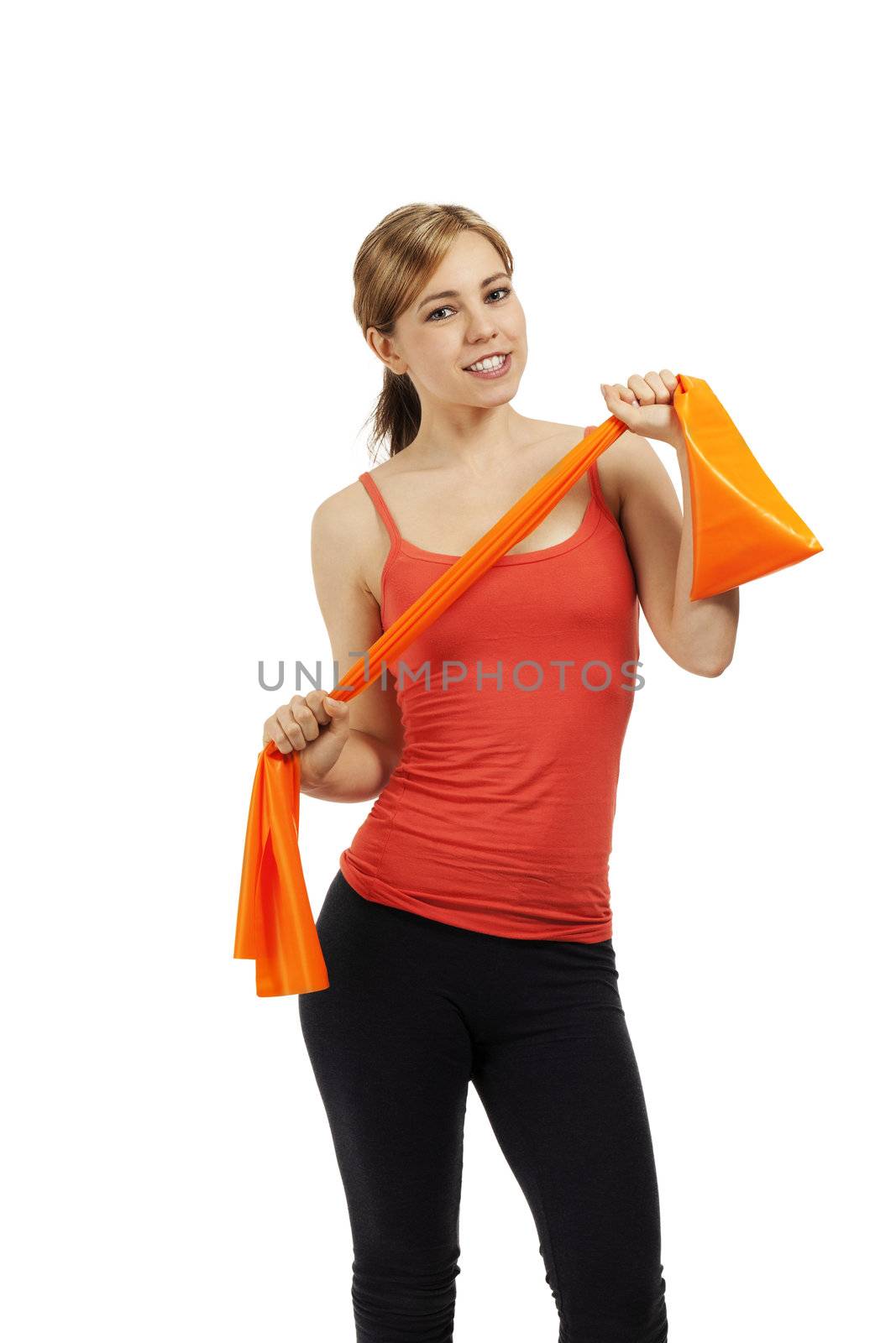 smiling fitness woman with a orange fitness ribbon on white background