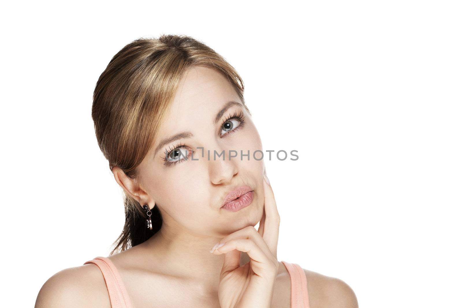 young beautiful blonde woman thinking about something on white background
