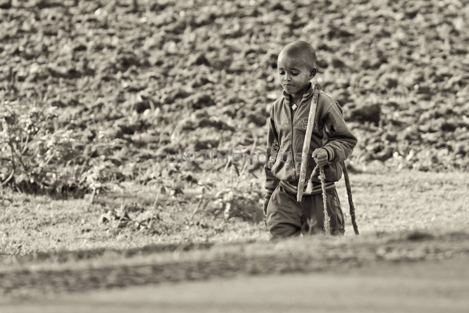 Dilla, Ethiopia – JULY 18: A young shepherd comes back from the fields on July 18, 2012 Dilla, a small rural town in Ethiopia.