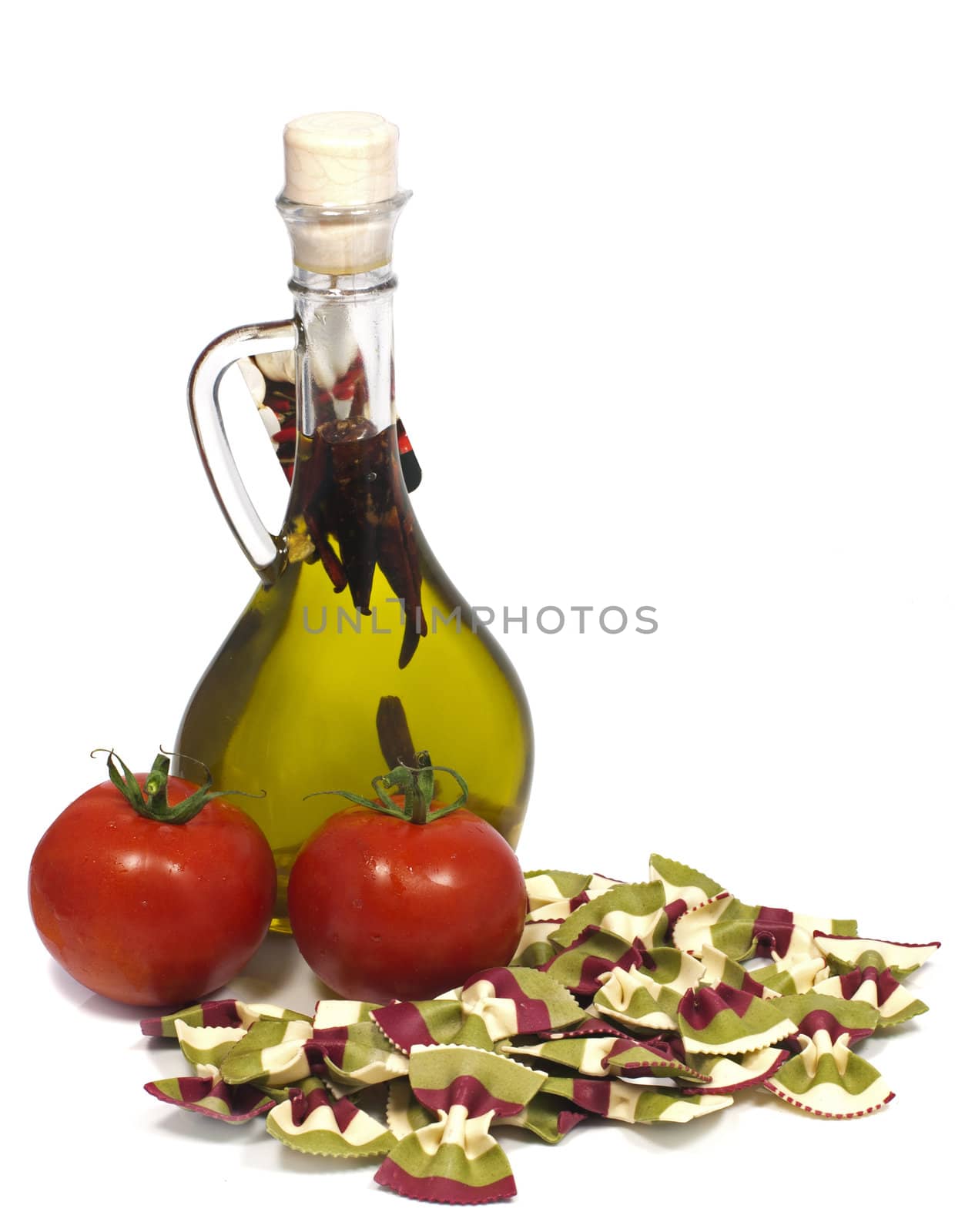 olive oil tomato and butterfly pasta as food ingredients