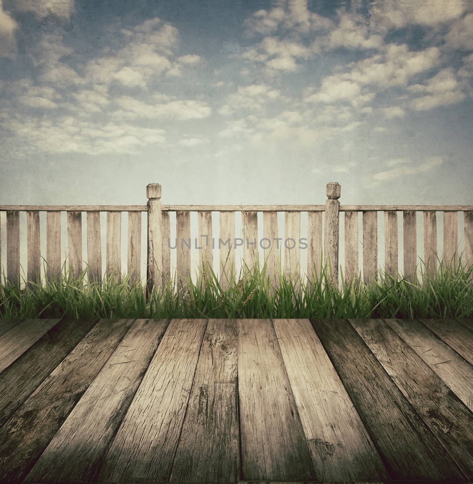 old wooden terrace and blue sky, vintage style
