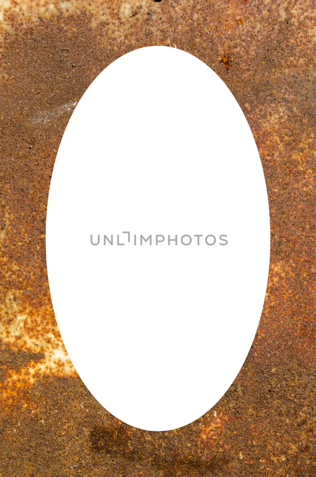 Isolated white oval place for text photograph image in center of rusty fragment of an old metal plate.