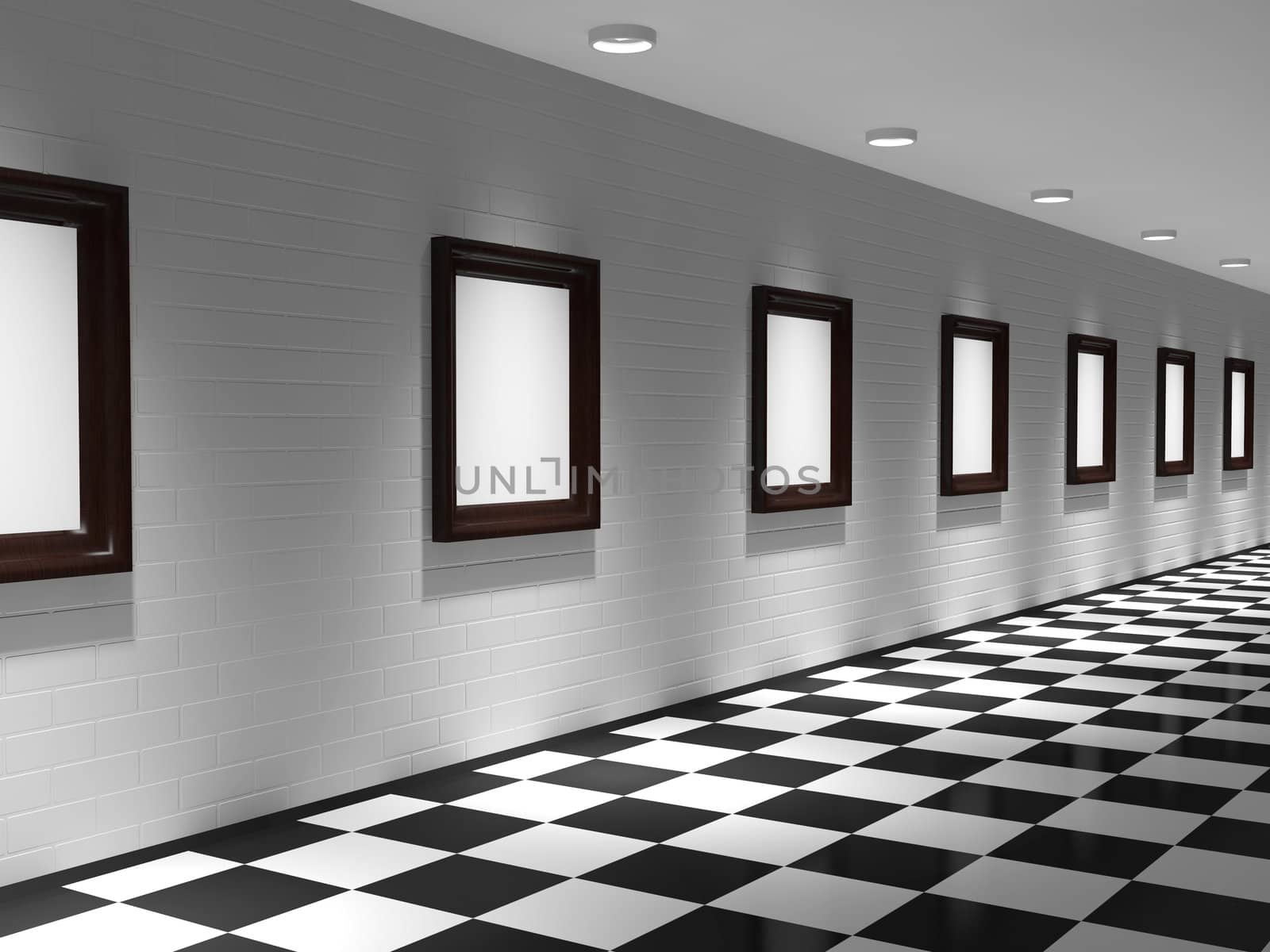 Gallery with paintings on the brick wall