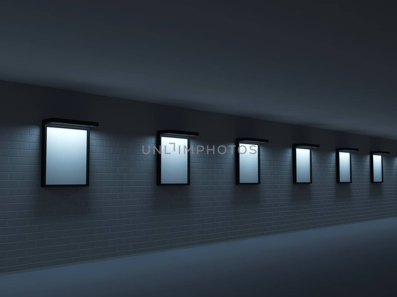 Dark gallery with paintings on the brick wall