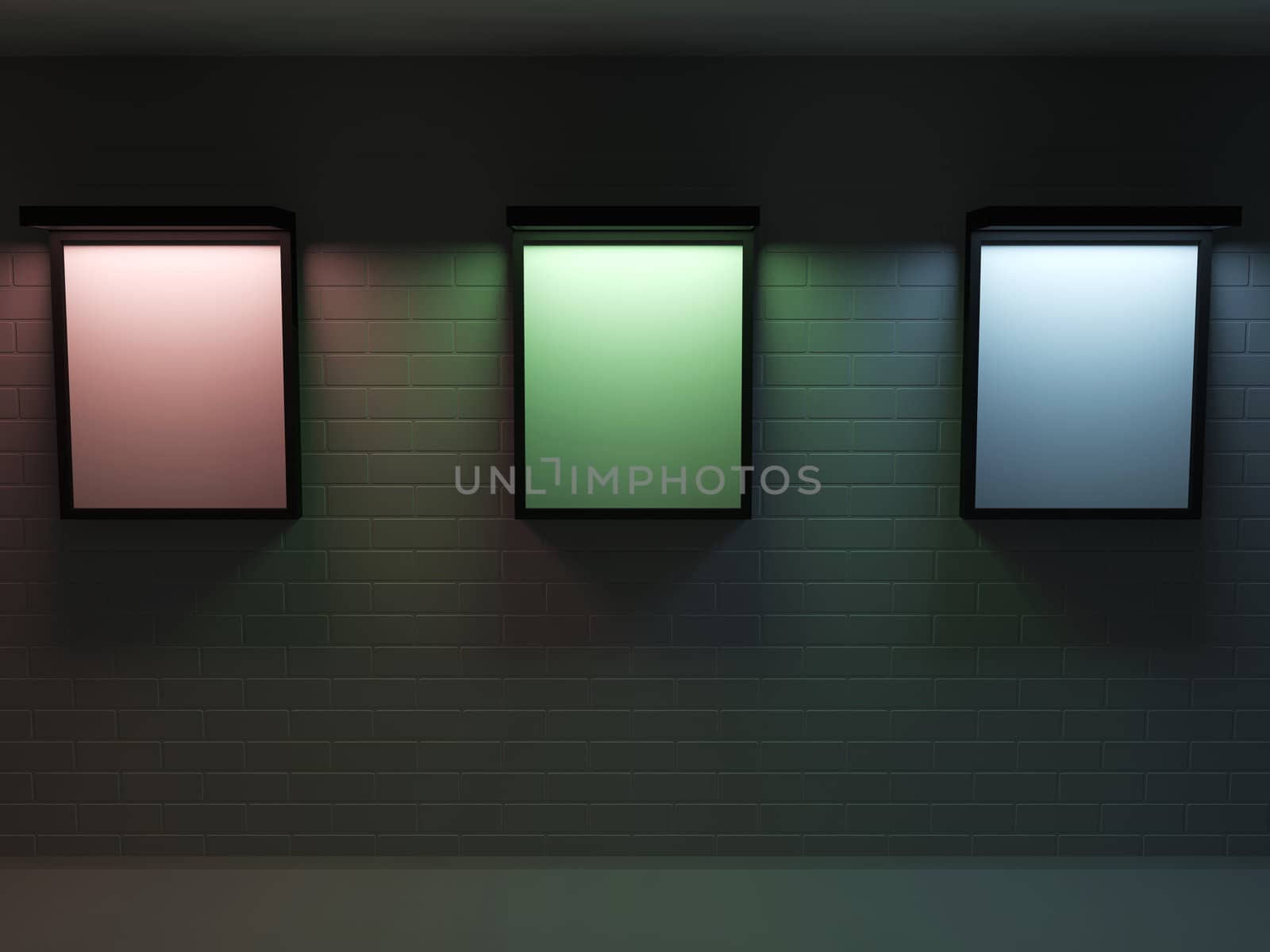 Gallery with color illumination of pictures on a wall