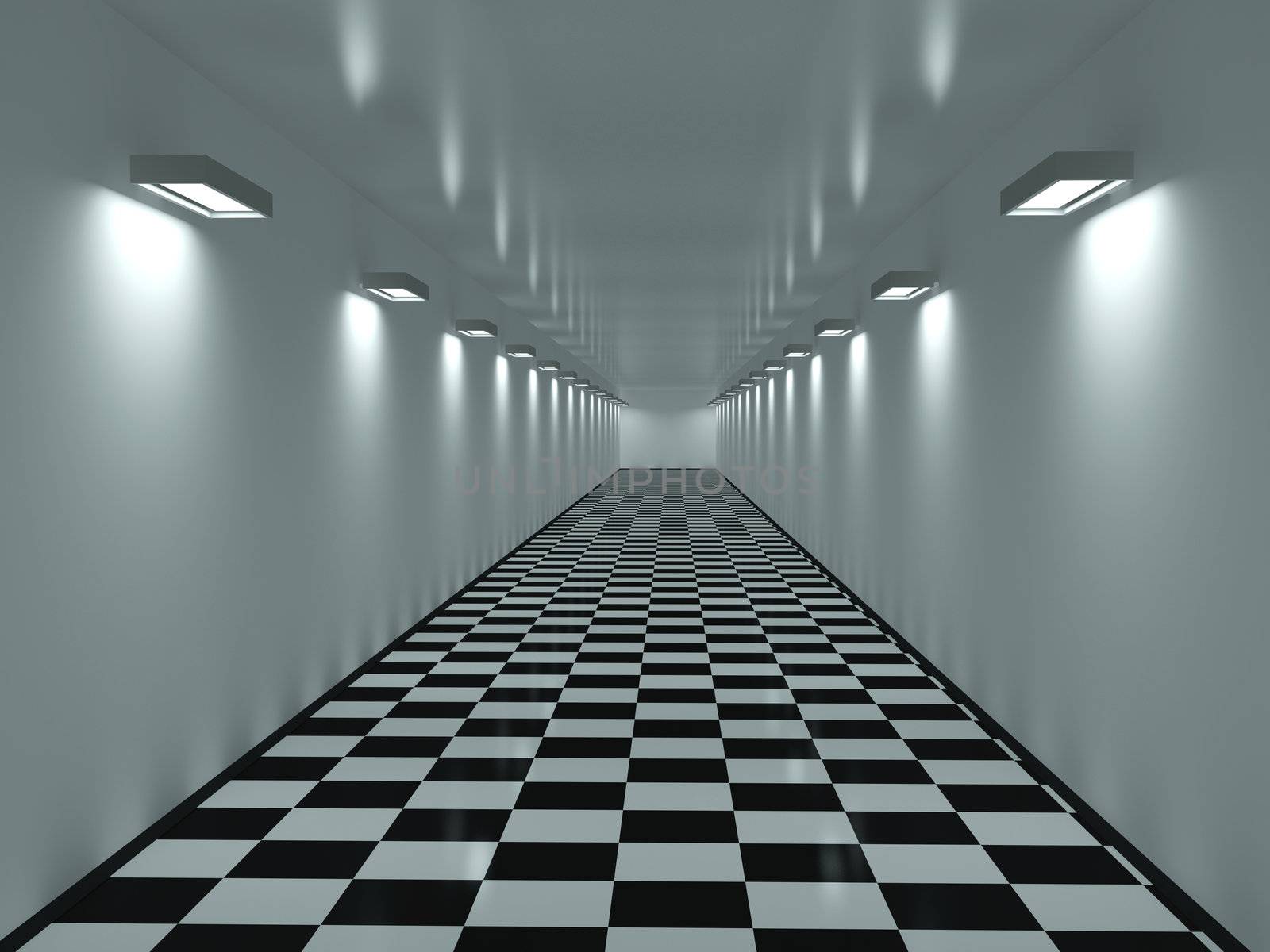 Long corridor with a tiles on a floor