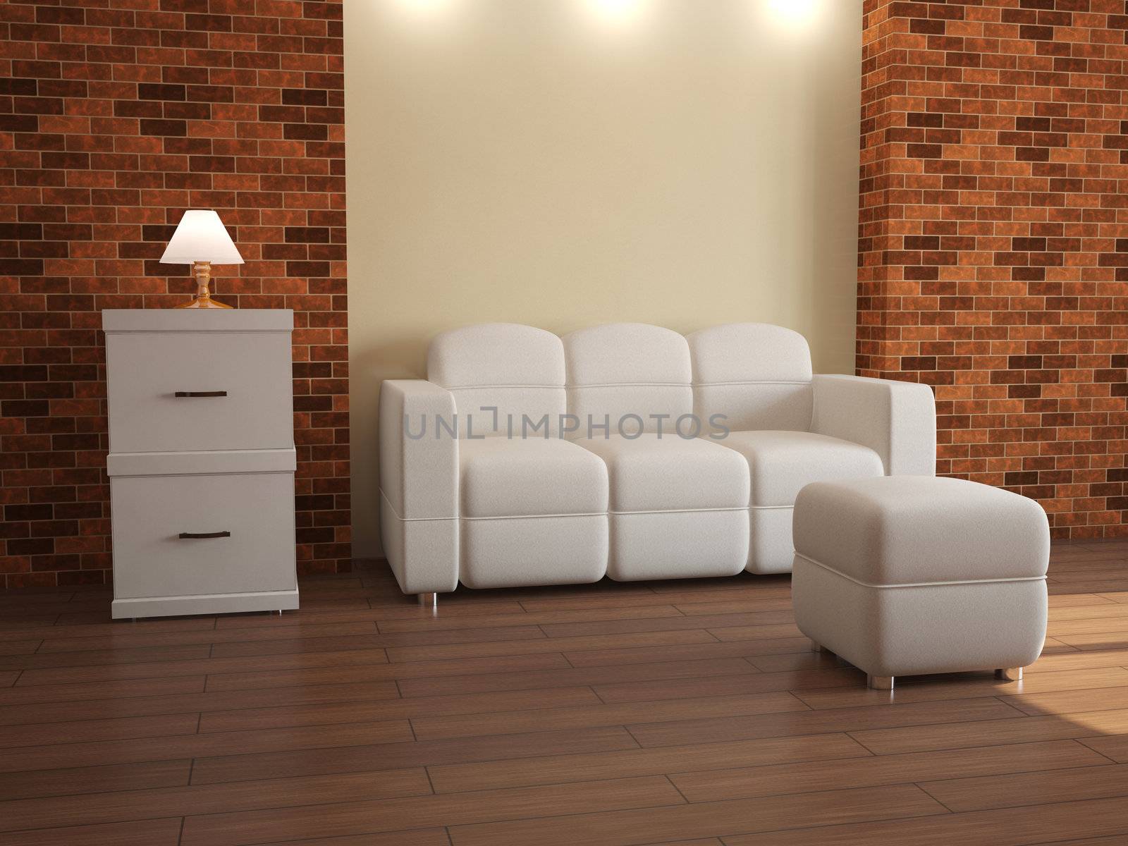 Interior with white furniture and brick walls