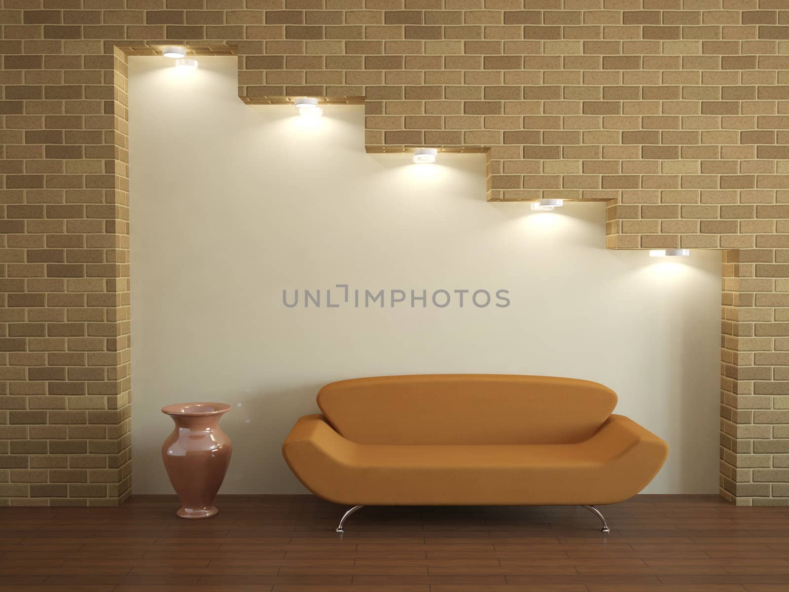 Interior of a room with a sofa and a vase