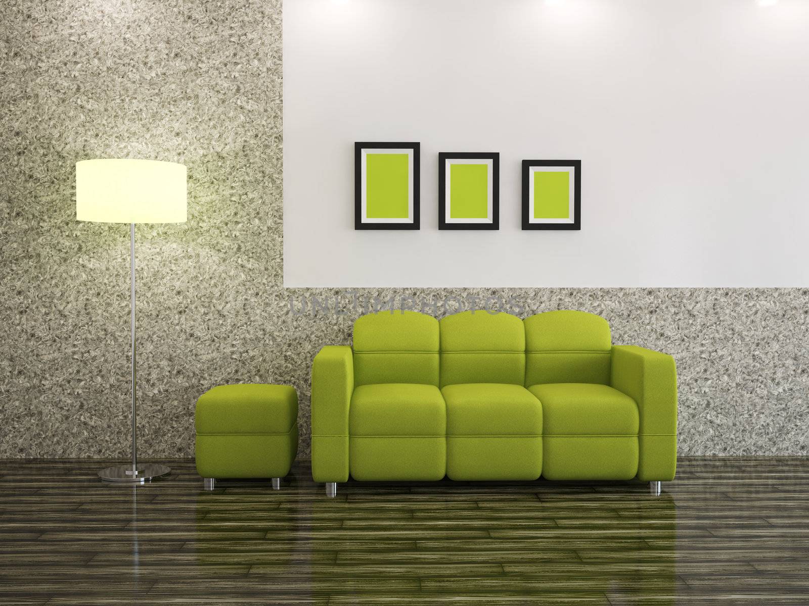 Interior of a room with a green sofa and a lamp