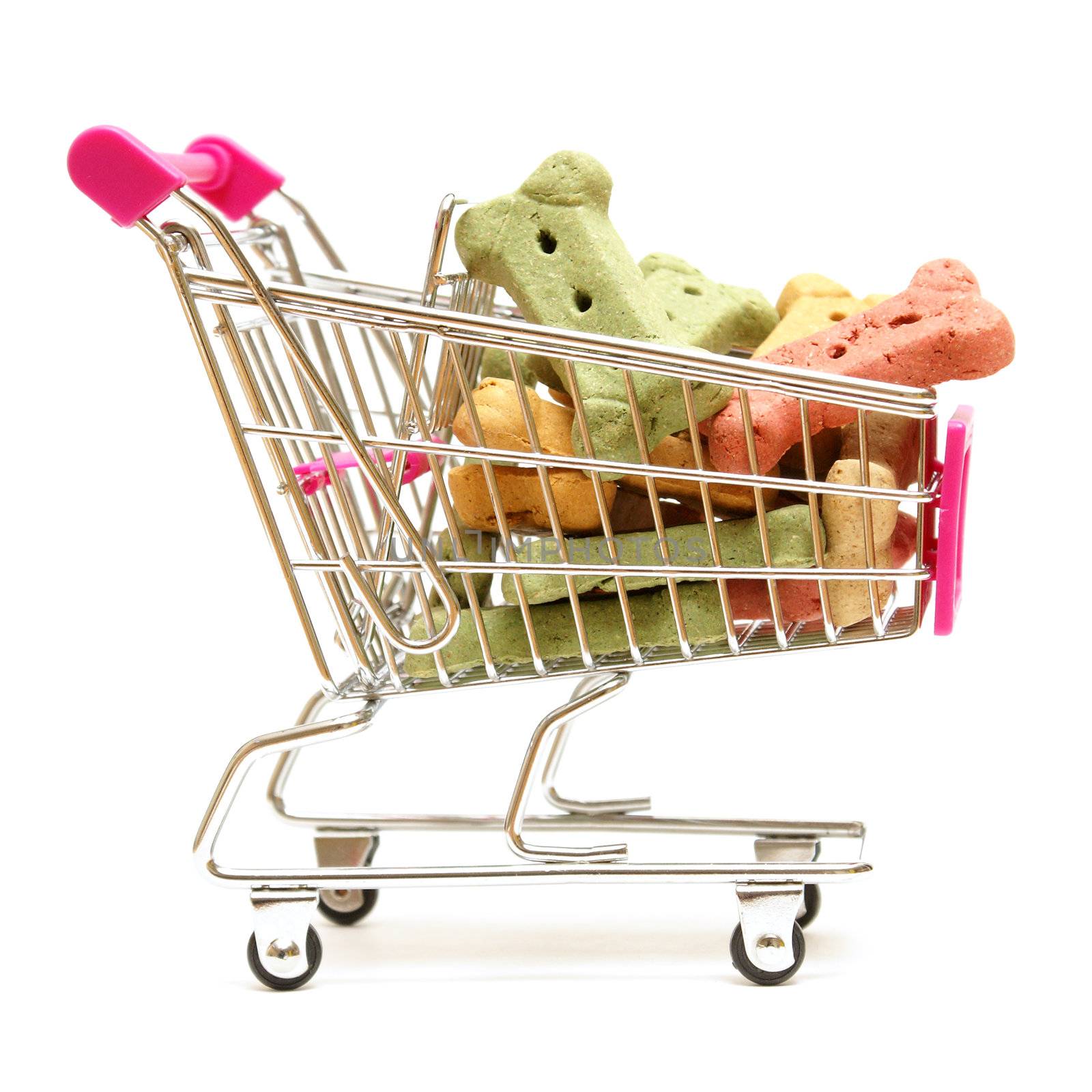 A shopping cart full of the pets favorite treat for when he is on good behavior.