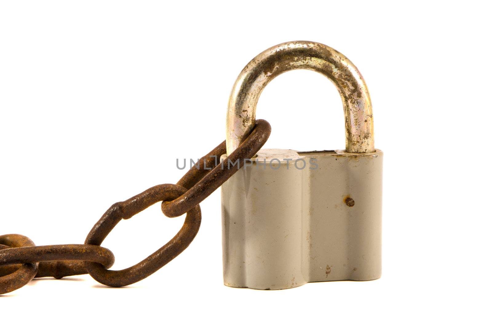 isolated on white metal lock and rusty chain