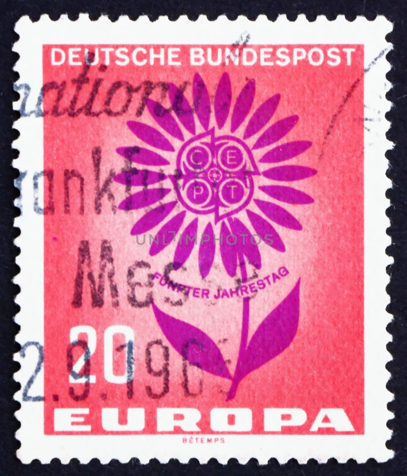 GERMANY - CIRCA 1964: a stamp printed in the Germany shows Symbolic Daisy, 5th Anniversary of CEPT, 22 Petals Symbolize 22 Members of the Conference, circa 1964