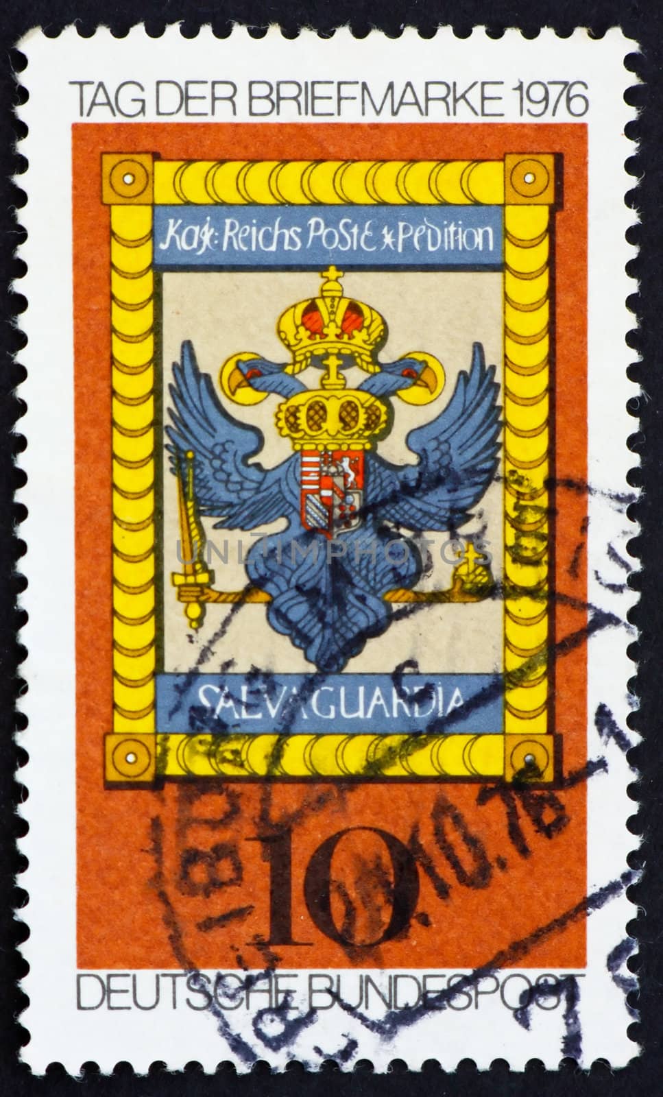 GERMANY - CIRCA 1976: a stamp printed in the Germany shows German Imperial Post Emblem, Hochst am Main, 18th Century, Stamp Day, circa 1976