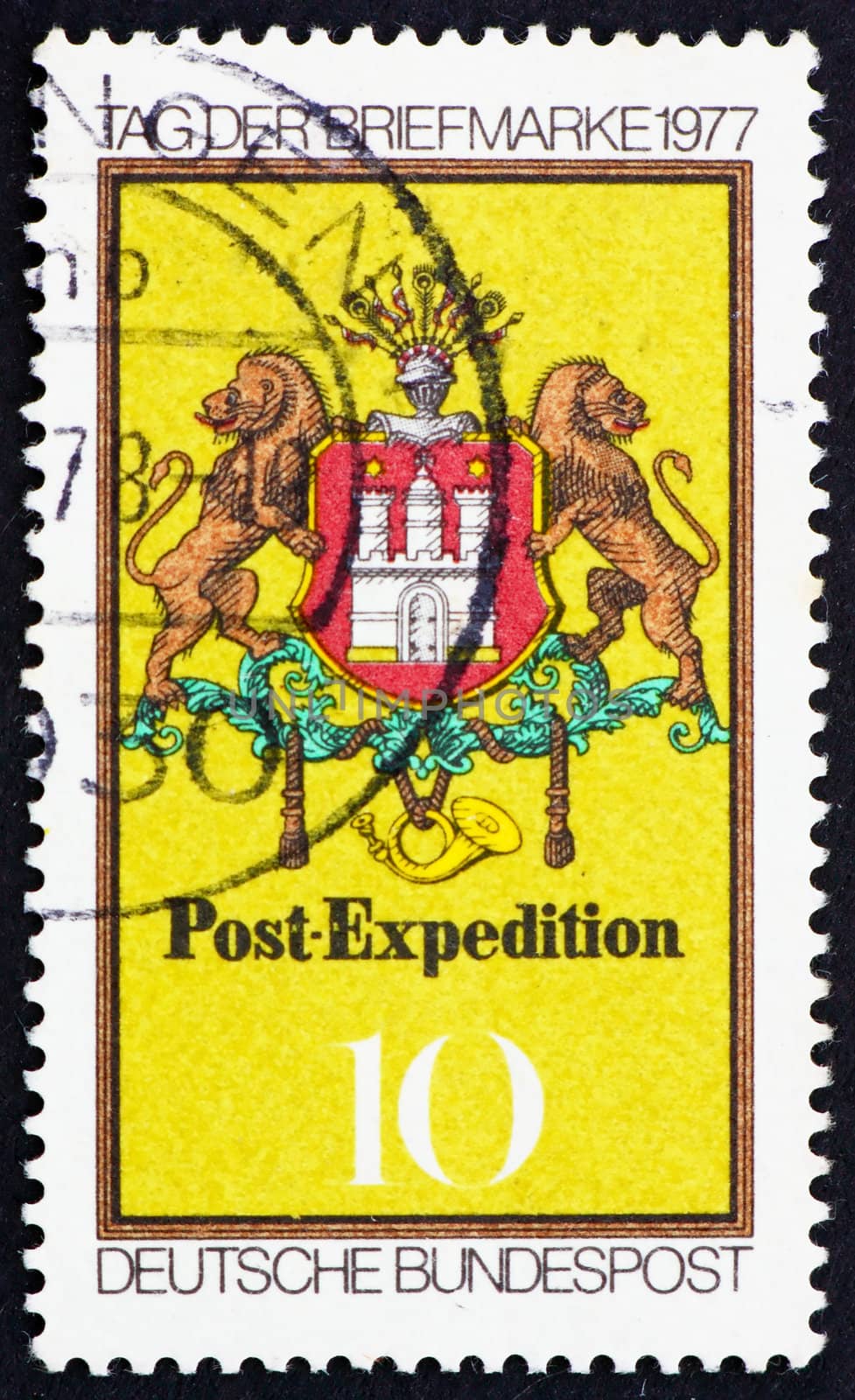 GERMANY - CIRCA 1977: a stamp printed in the Germany shows Arms of Hamburg, Post Emblem, 1861, Stamp Day, circa 1977