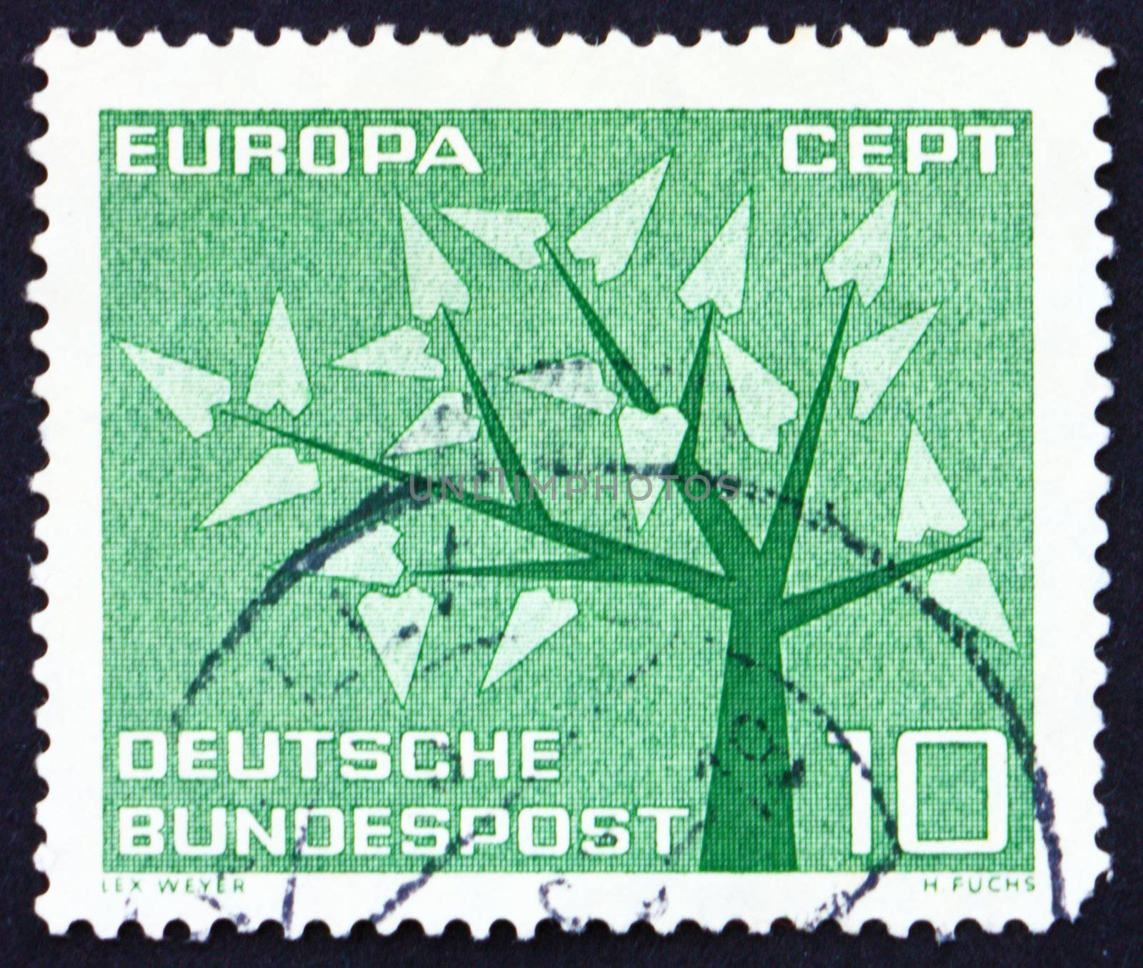 GERMANY - CIRCA 1962: a stamp printed in the Germany shows Young Tree with 19 Leaves, 19 Leaves Symbolize 19 Original Members of CEPT, circa 1962