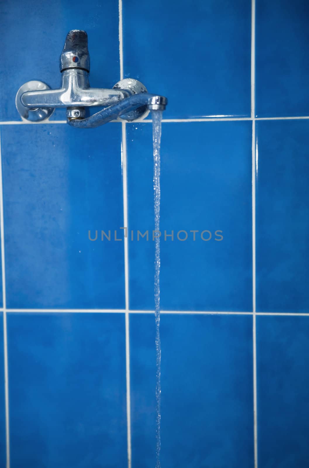 water tap with flower water against a blue ceramic tile