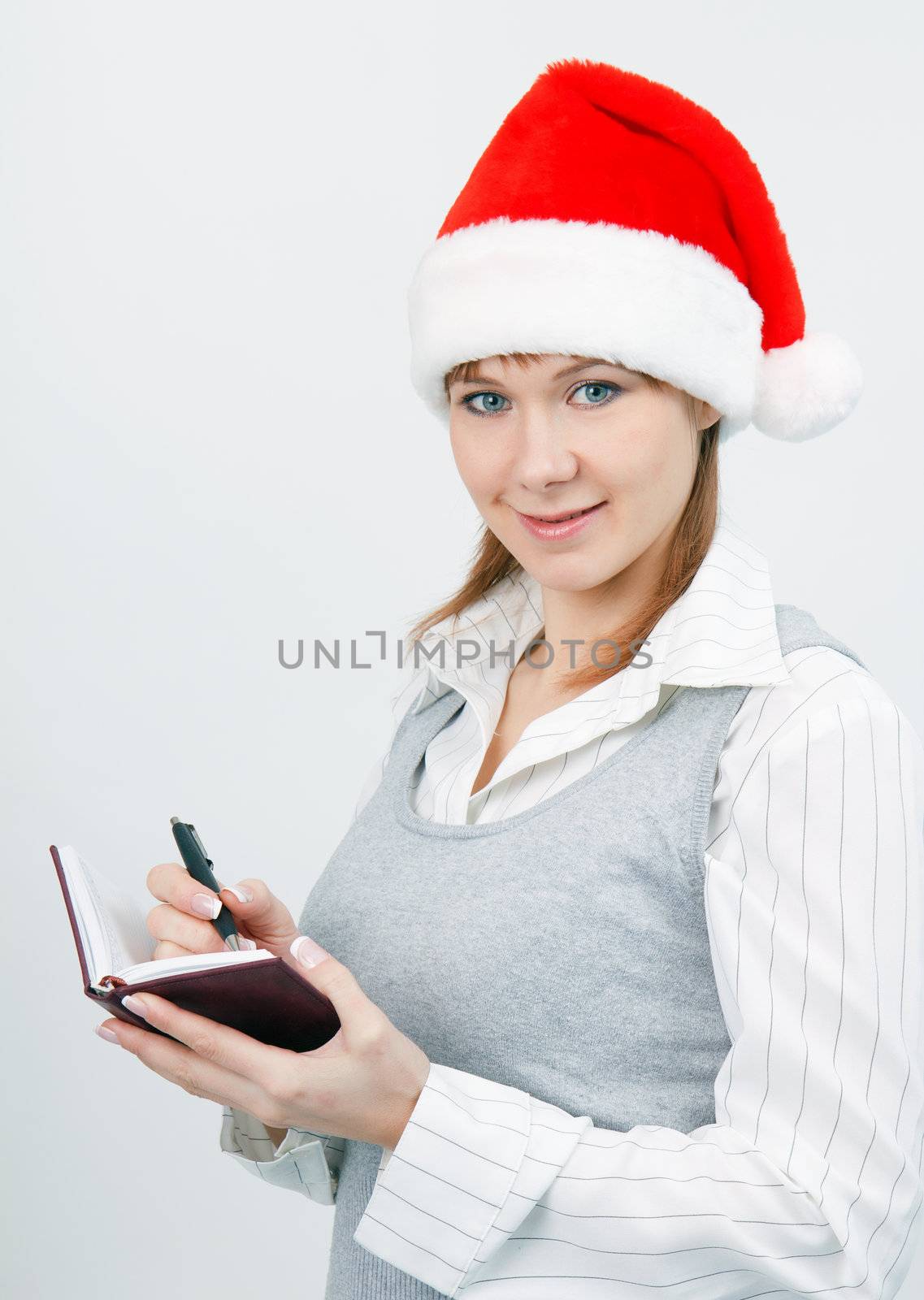 attractive business woman with a notebook in a Christmas hat