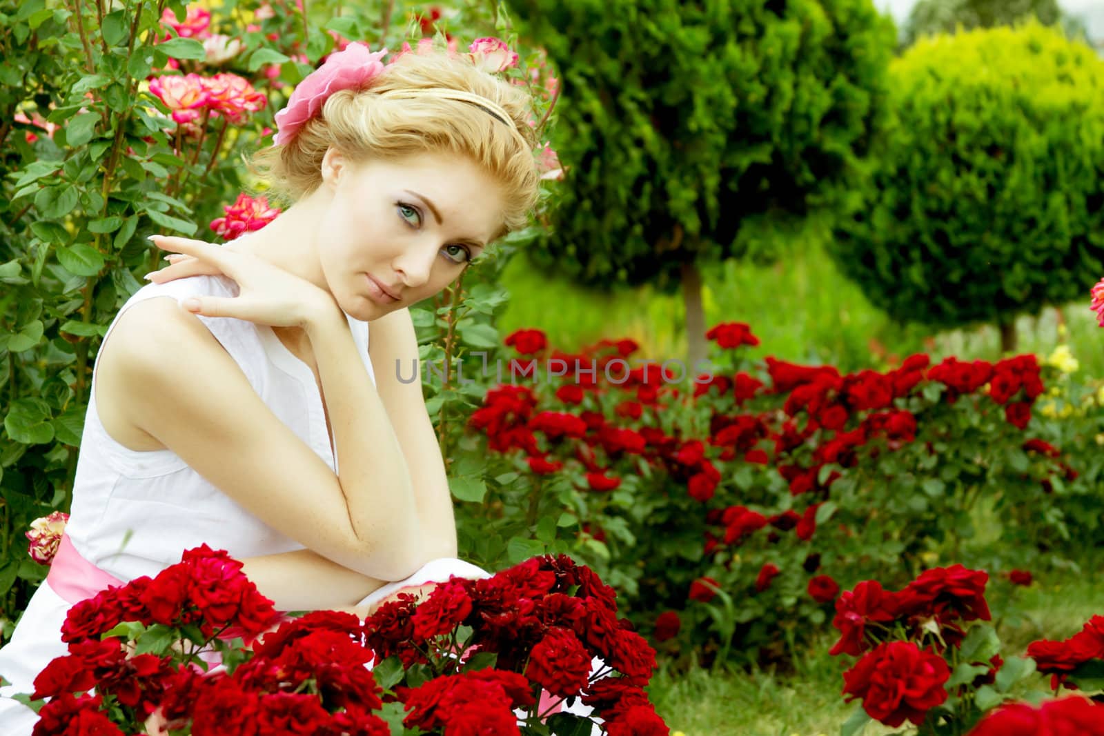 Romantic woman in white dress among rose garden