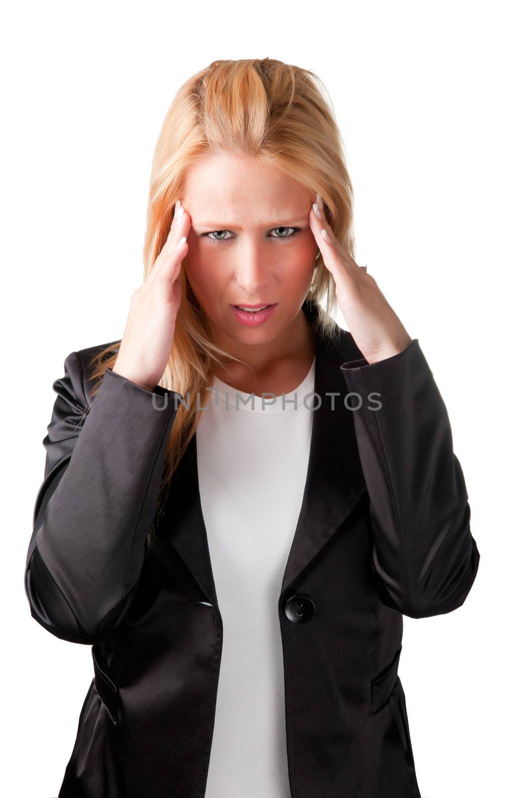 Woman suffering from an headache, holding her hands to the head