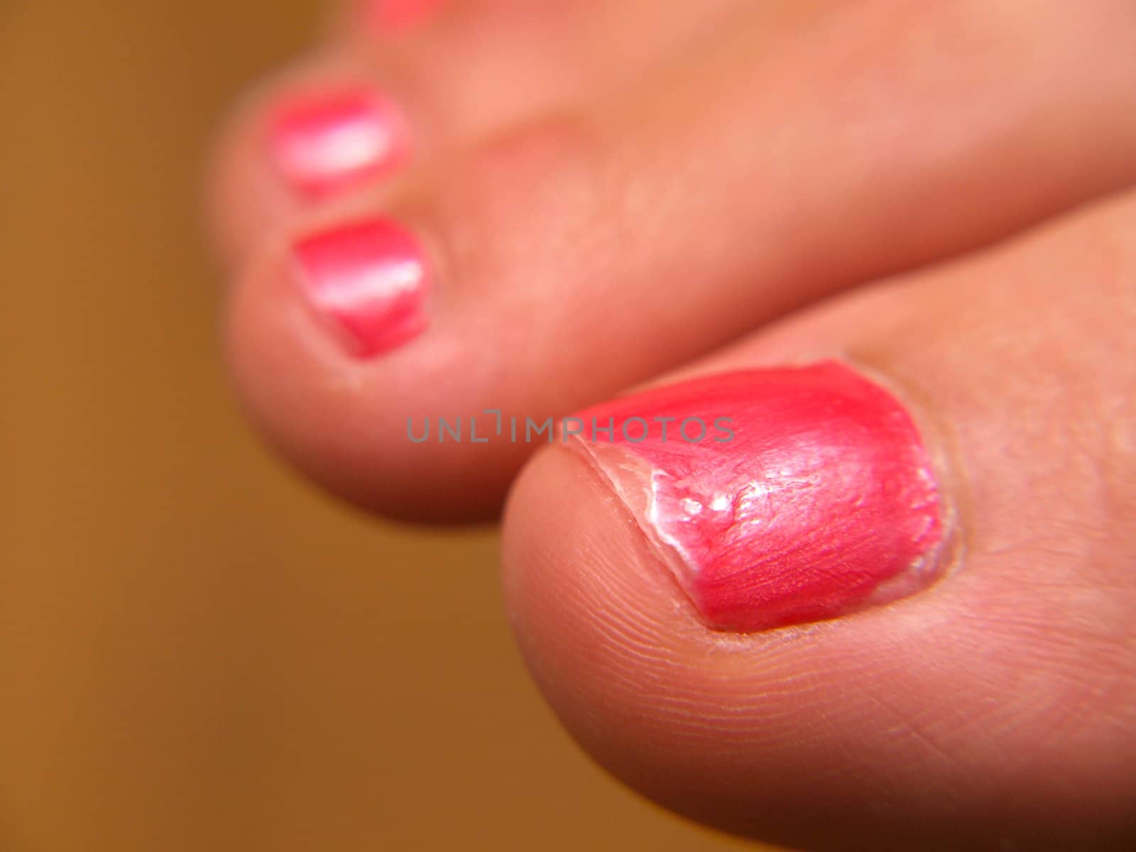 Closeup of pink nail paint, on feet, pedicure by Arvebettum