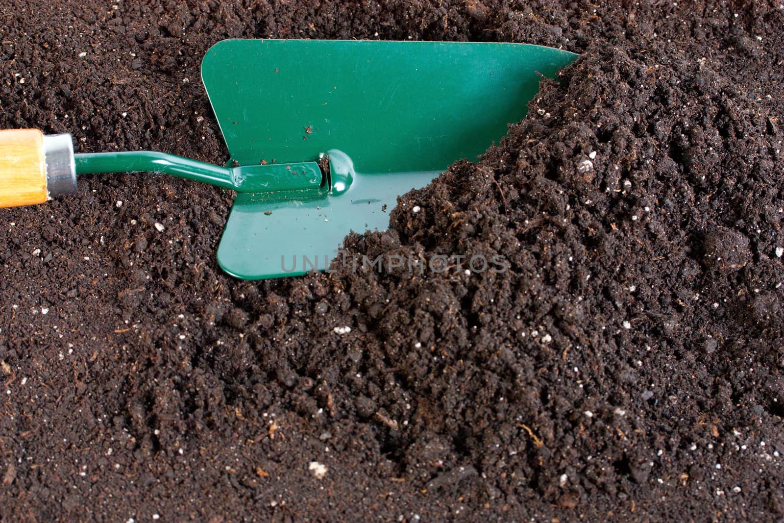 shovel in soil for flower and seedingses background