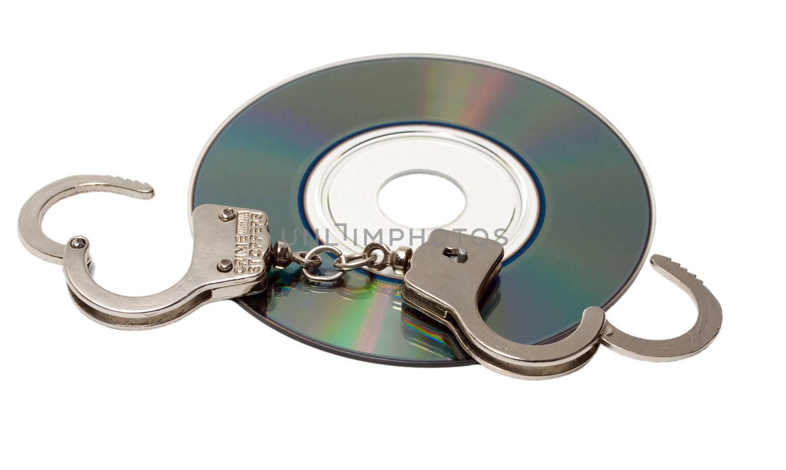 Cd with handcuffs isolated on white background