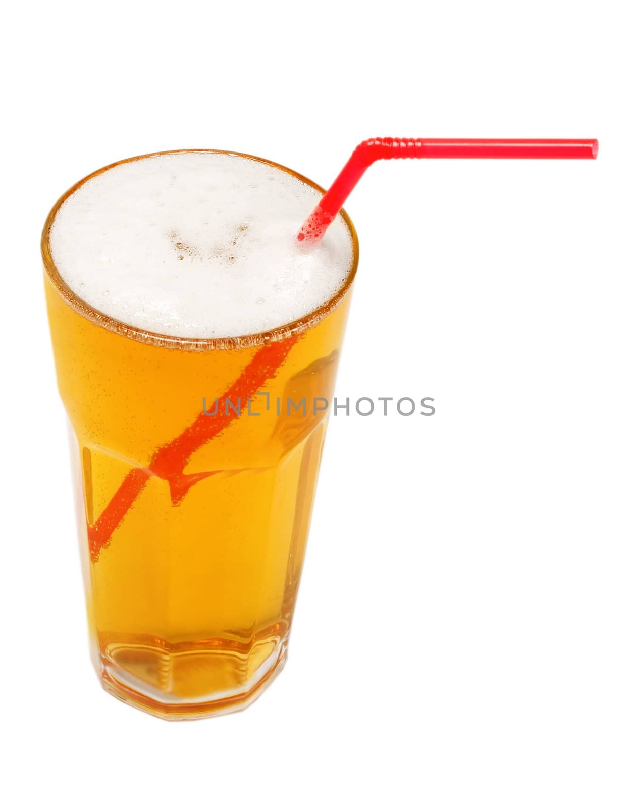 Lemonade glass and drinking straws isolated on white background