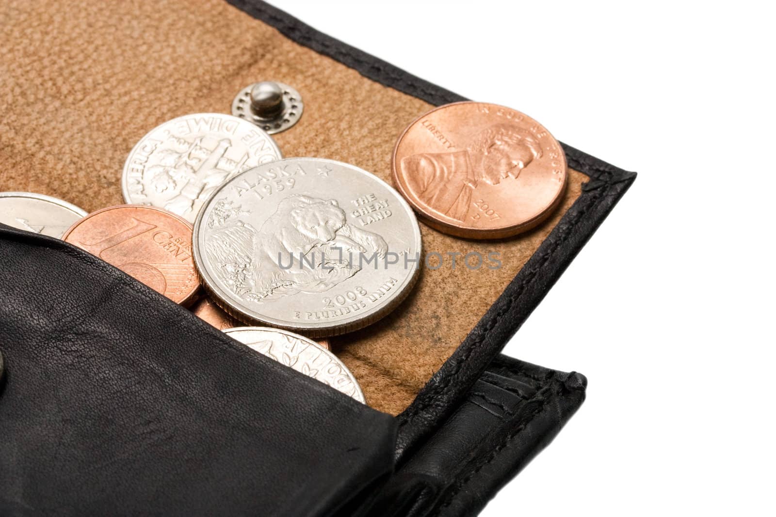 cents in purse isolated on white background