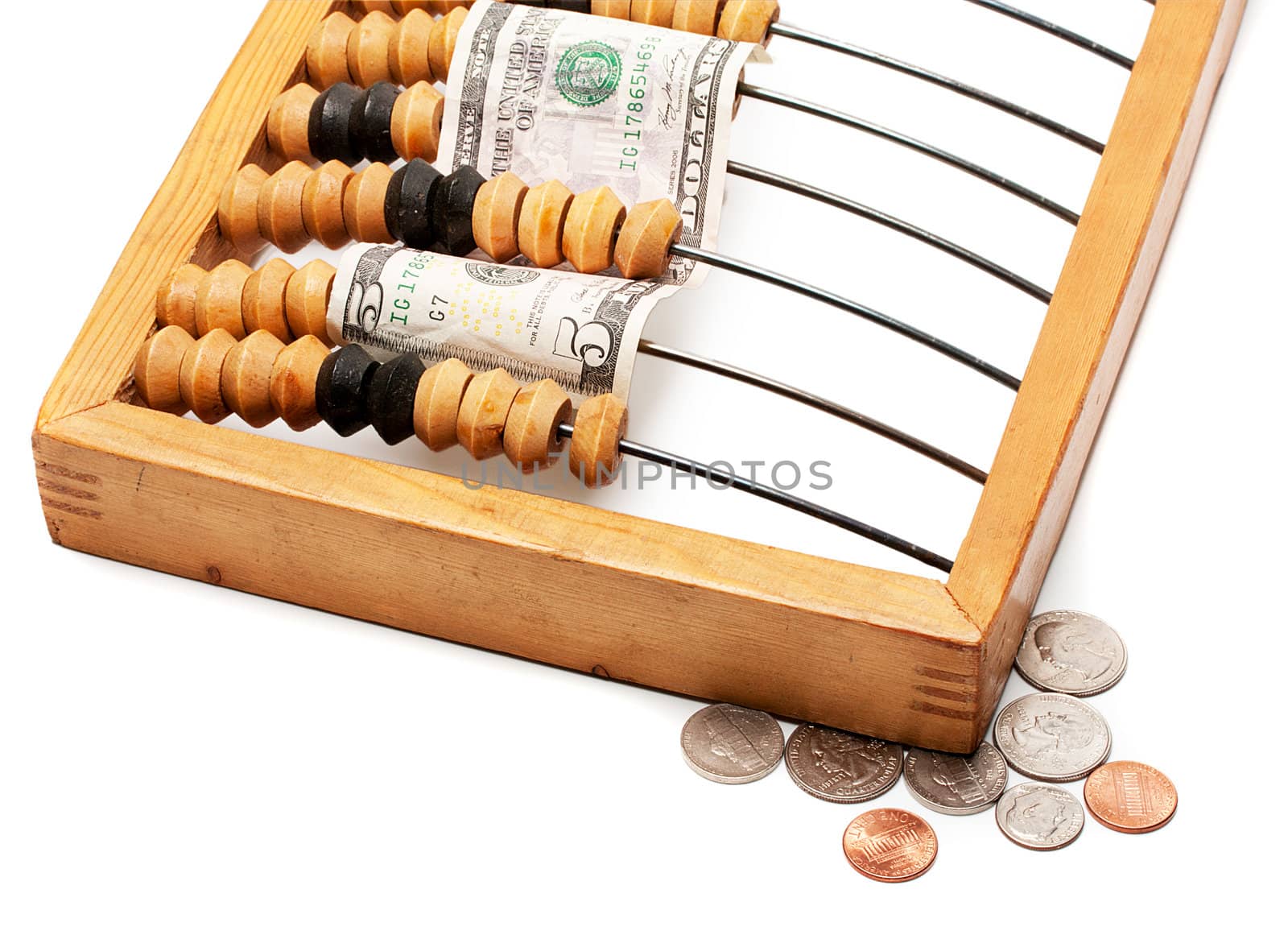 wooden abacus and dollar banknote concept isolated on white background