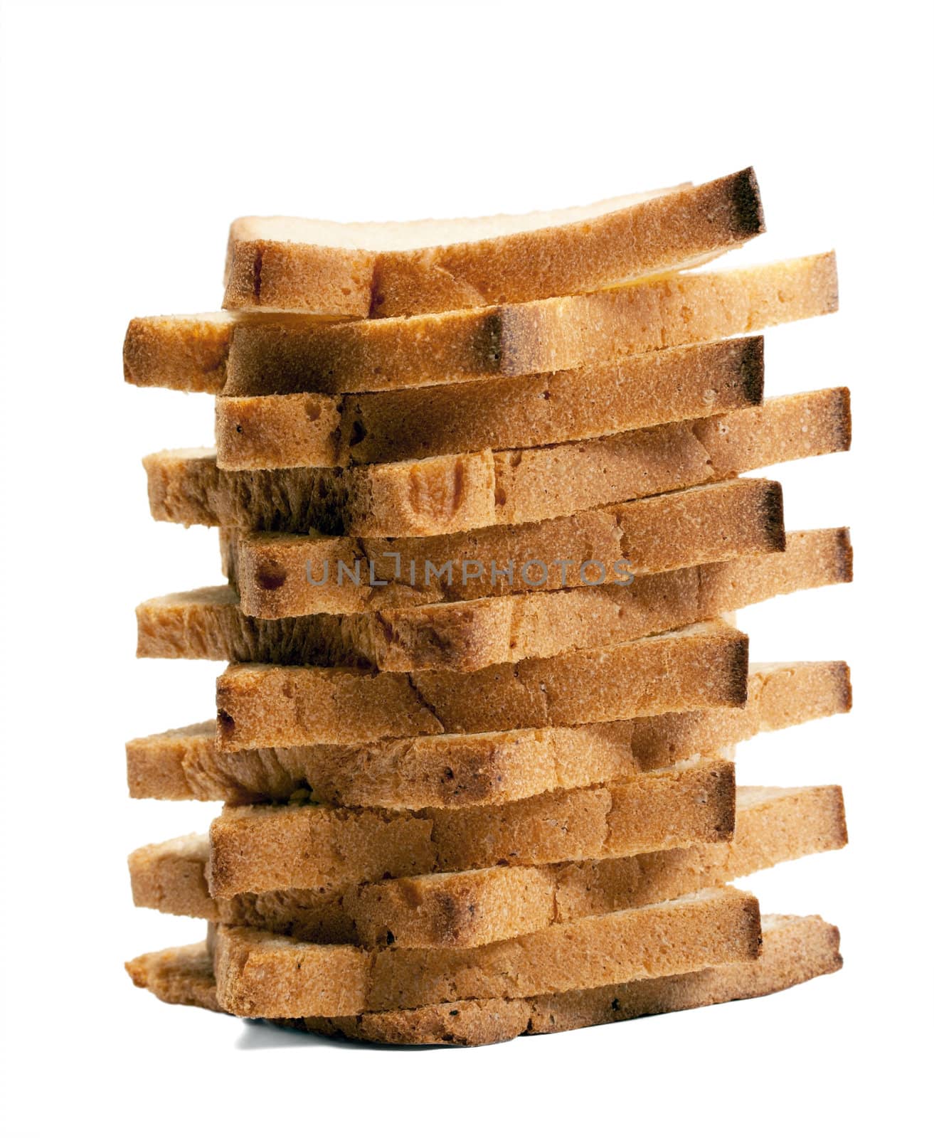 slices of crispy toast tower isolated on white background