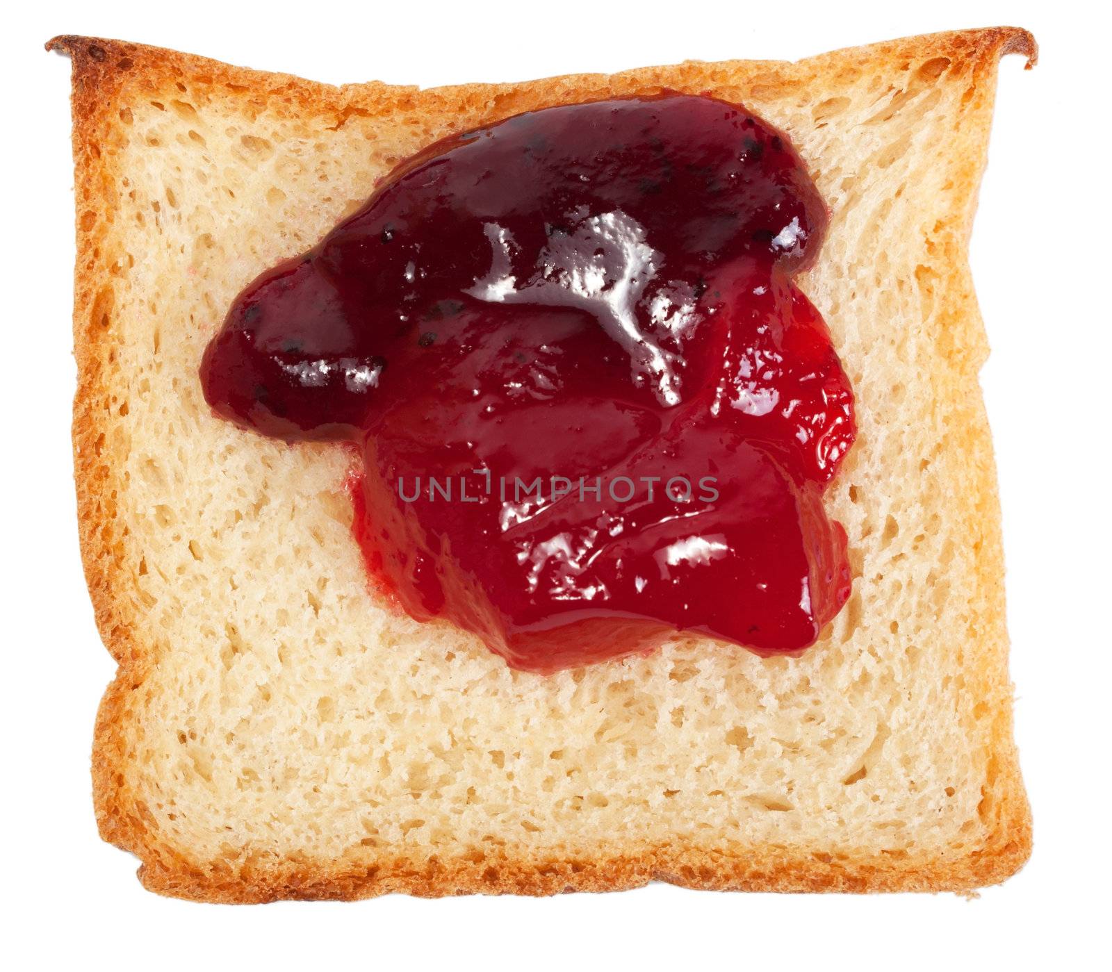 slice of bread with strawberry jam isolated on white background