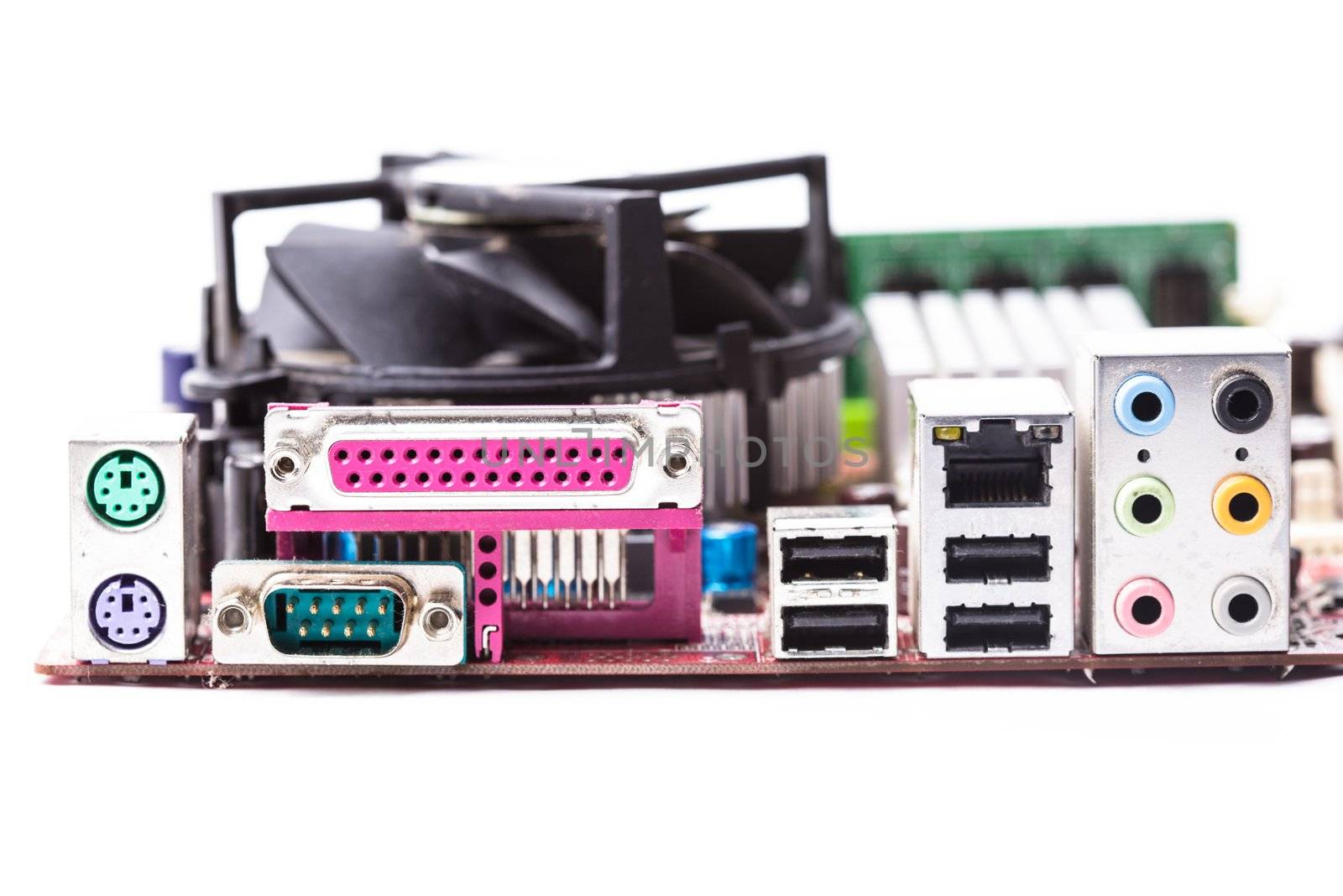 Ports on the motherboard of personall computer closeup