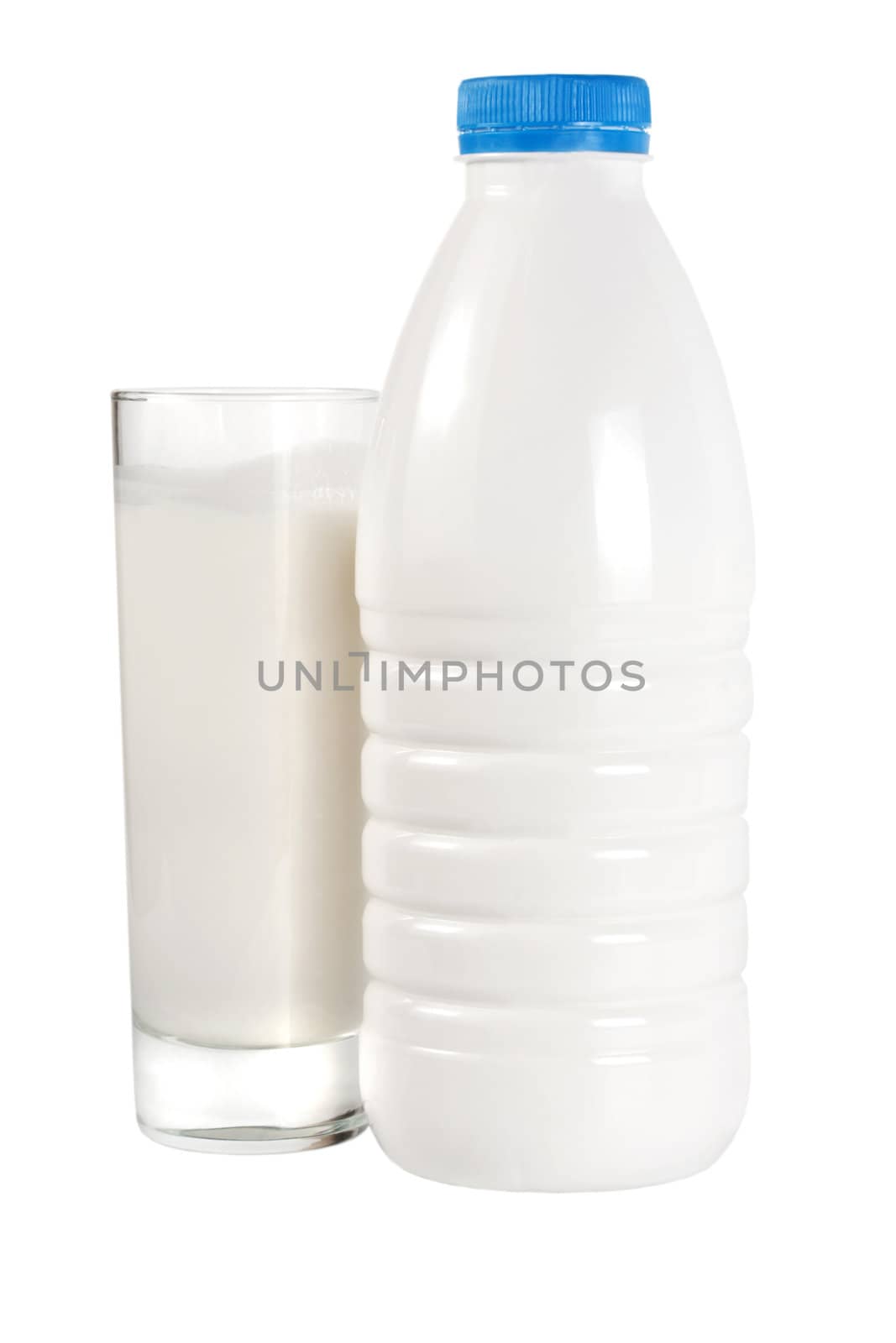 Glass of milk and bottle isolated on white background