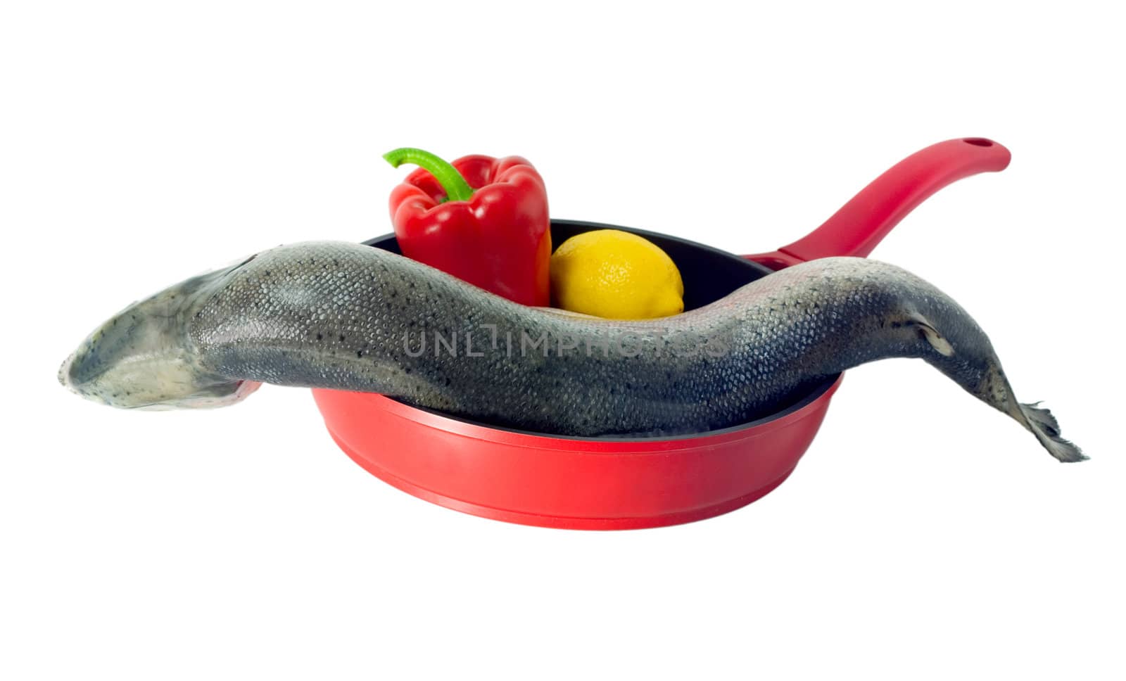 rainbow trout waiting in red pan isolated on white background