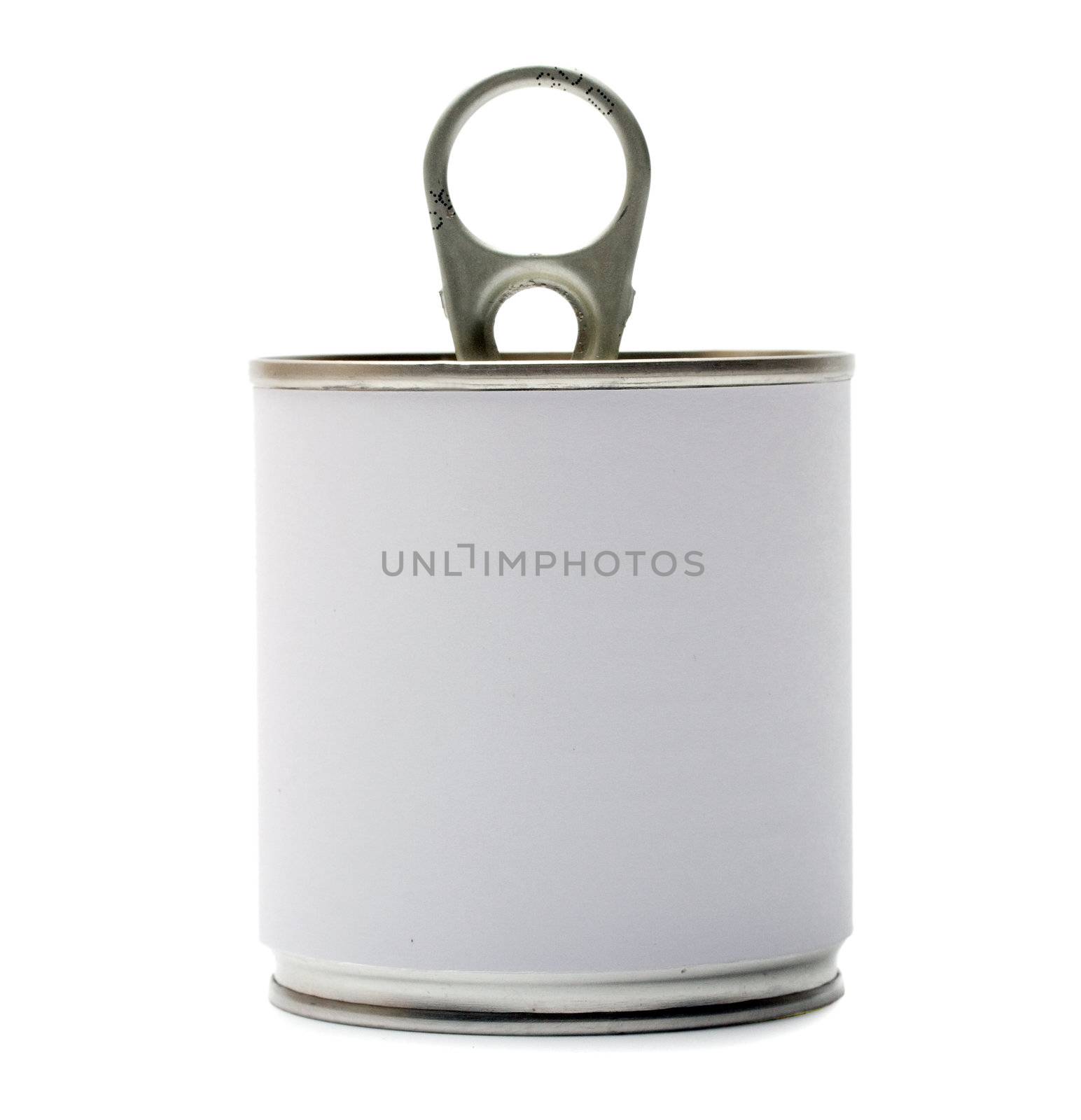 Tin can with blank white Label isolation on a white