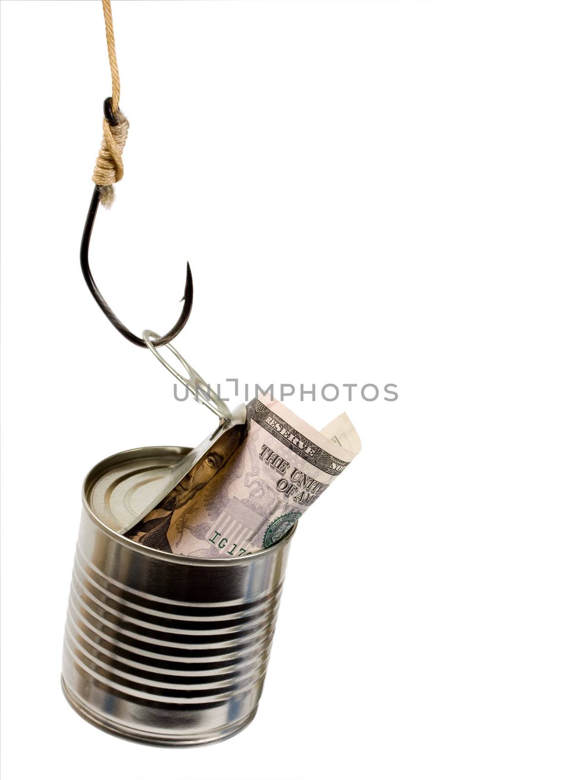 Catch money . Hook of the bank tin dollar isolated on white background