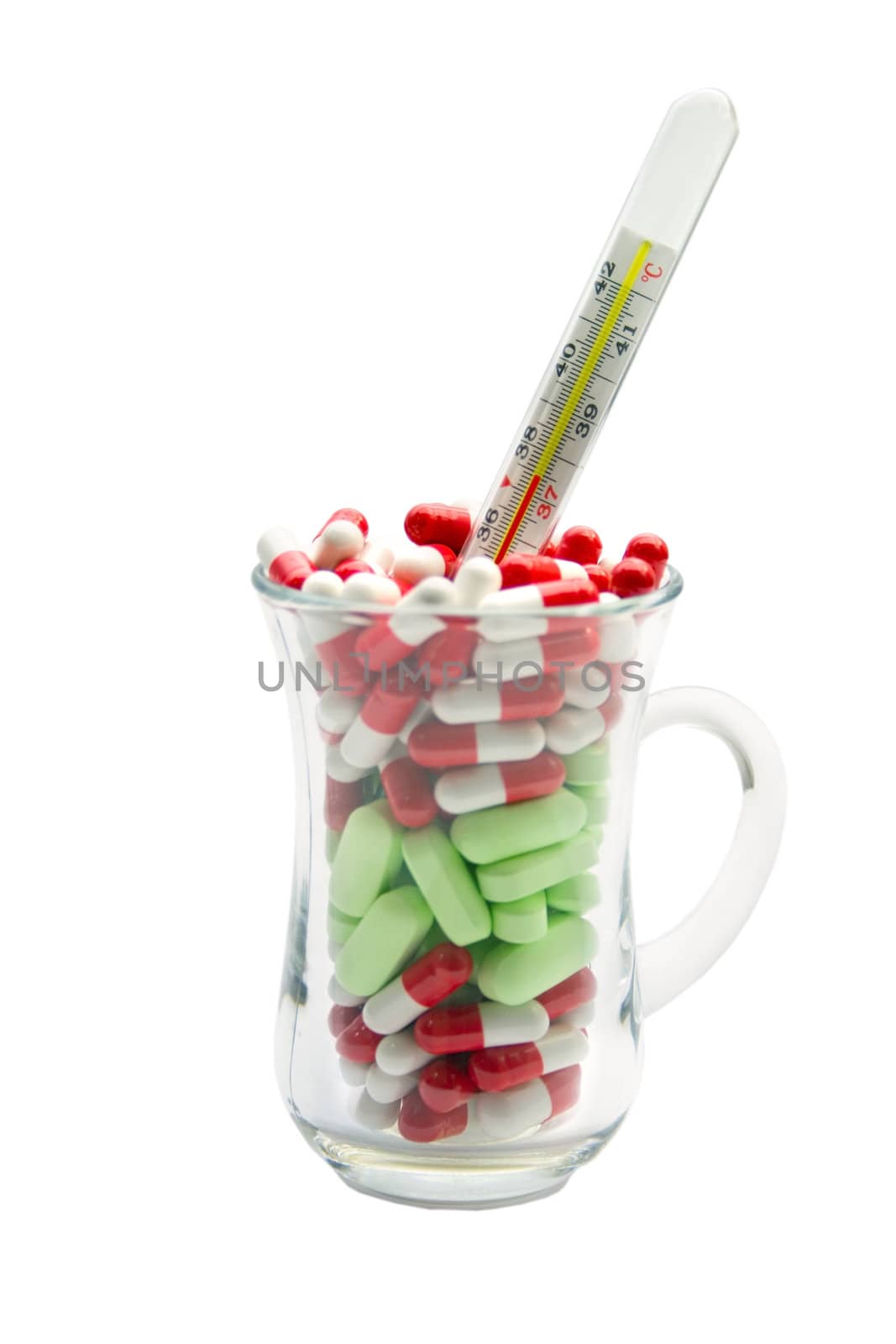 thermometer and pills isolated on white background