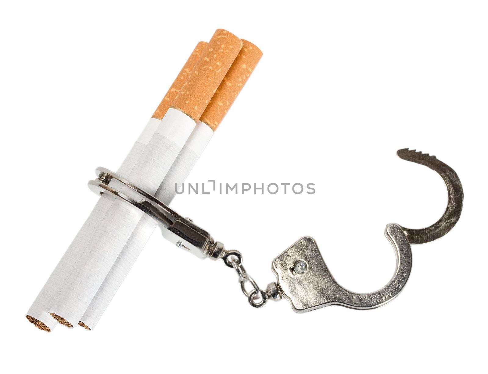 Cigarette isolated on white background . Smoking manacles dependency