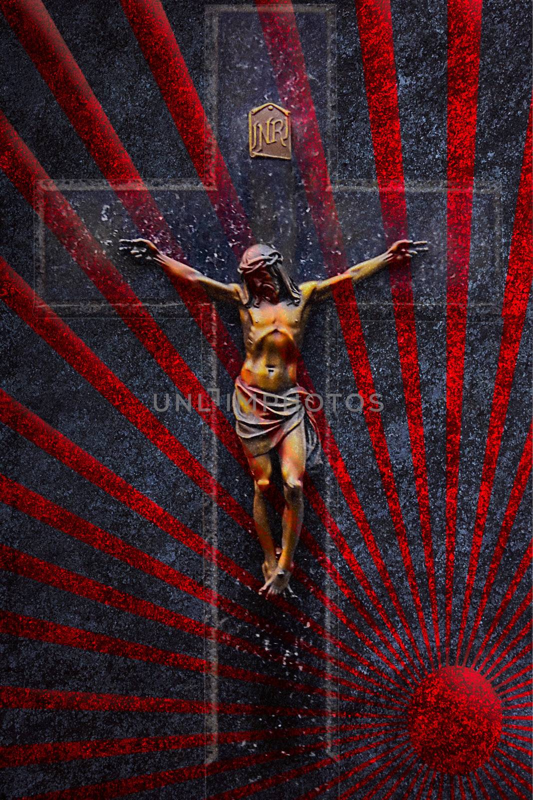 crucifixion in sunbeams grunge black background