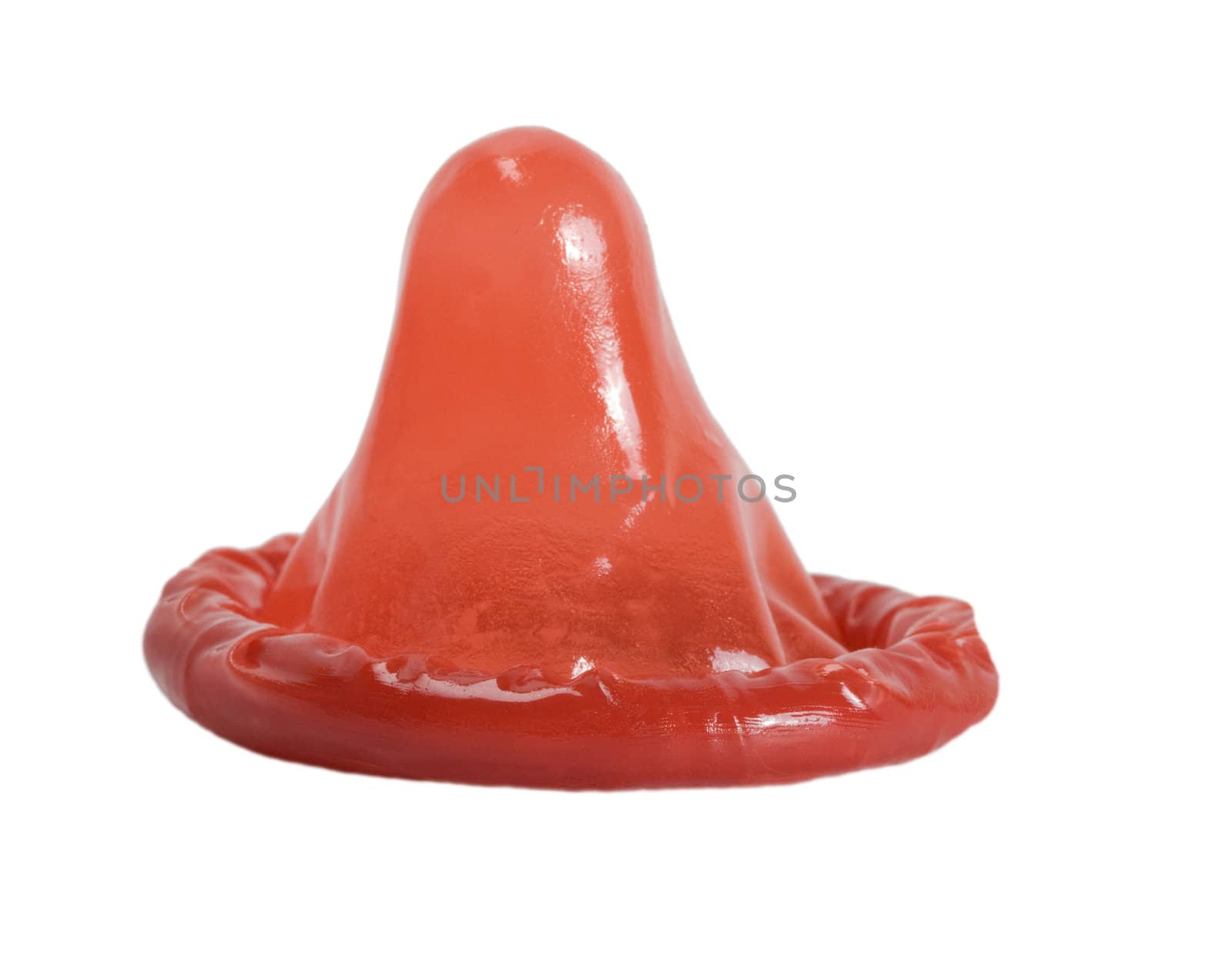 red condom contraception isolated on white background