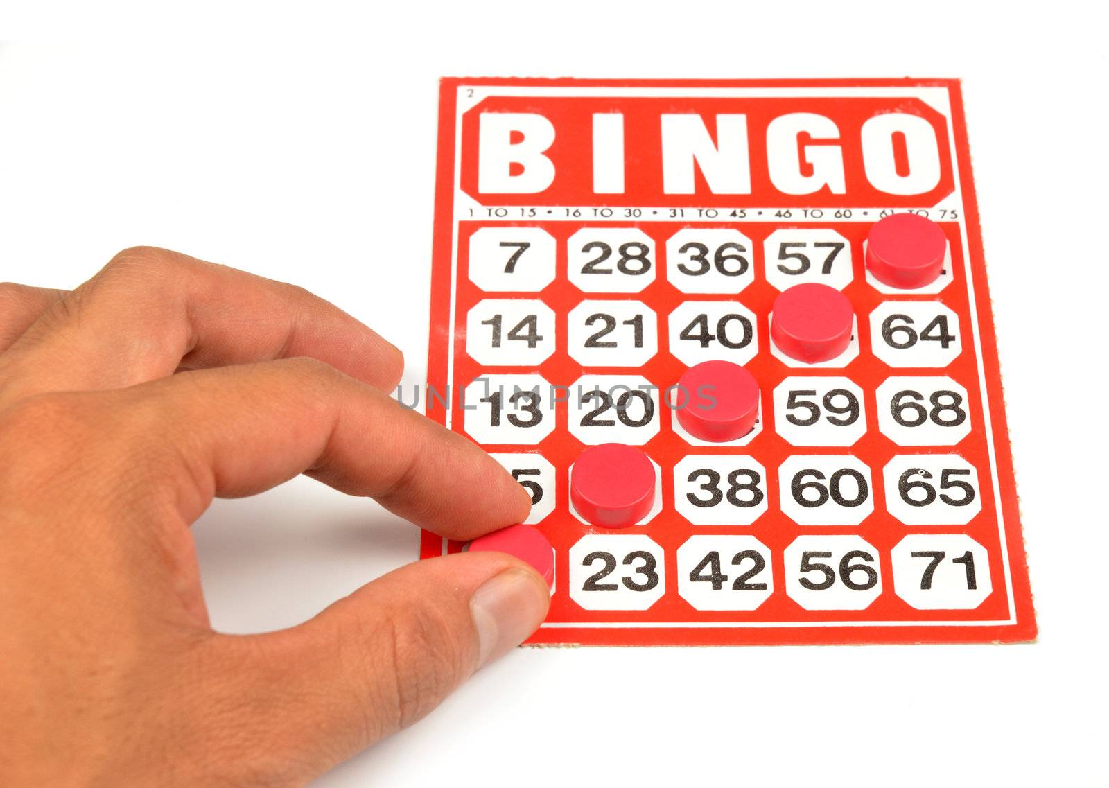 bingo card with hand hold winning chips 