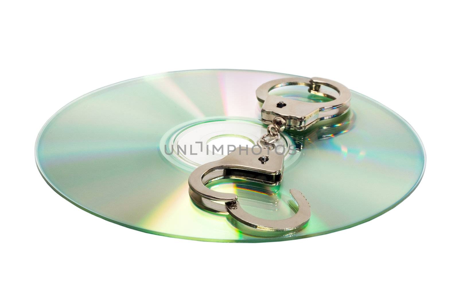 Cd with handcuffs isolated on white background.