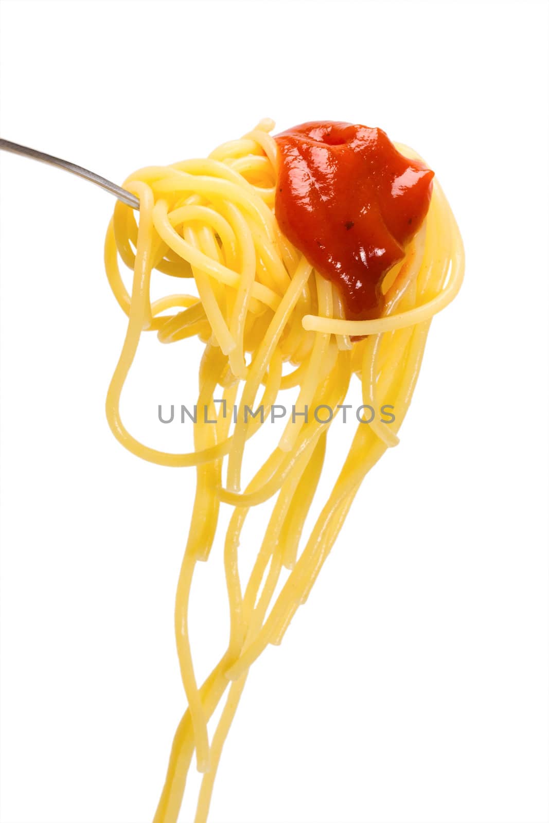 pasta in fork isolated on white background.