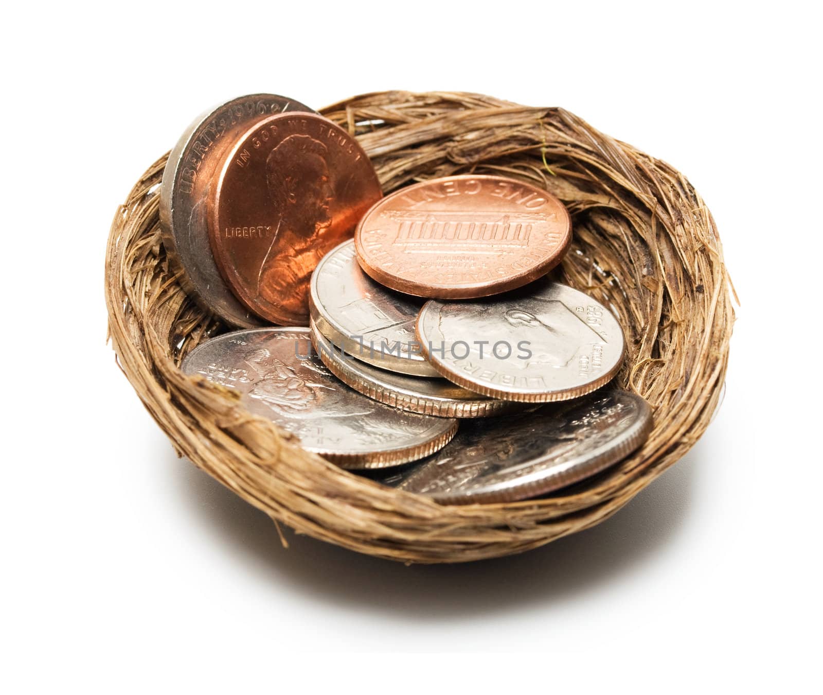 concept coins in nest isolated on white background