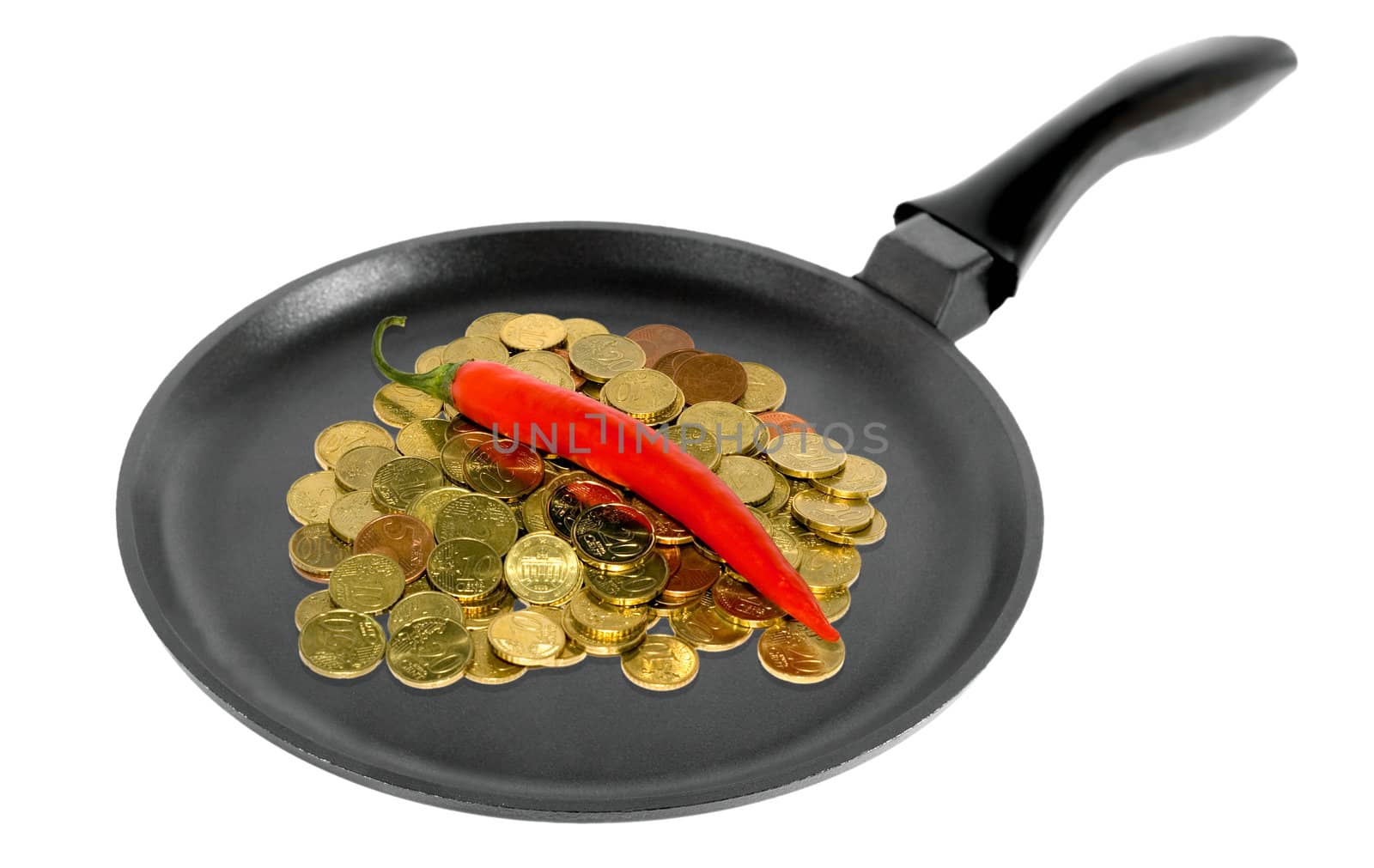Coins in a frying pan isolated on white background
