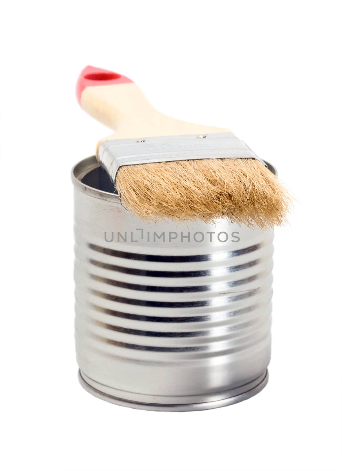 Tin paint and paint brush on white background