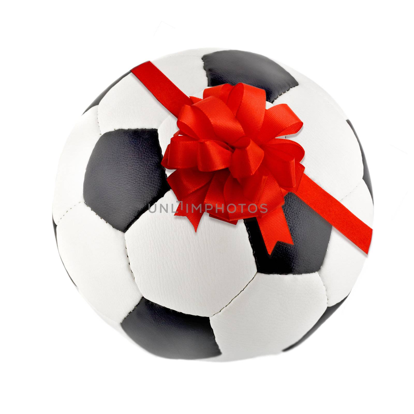 Red Gift Ribbon Bow in Soccer ball isolated on white background