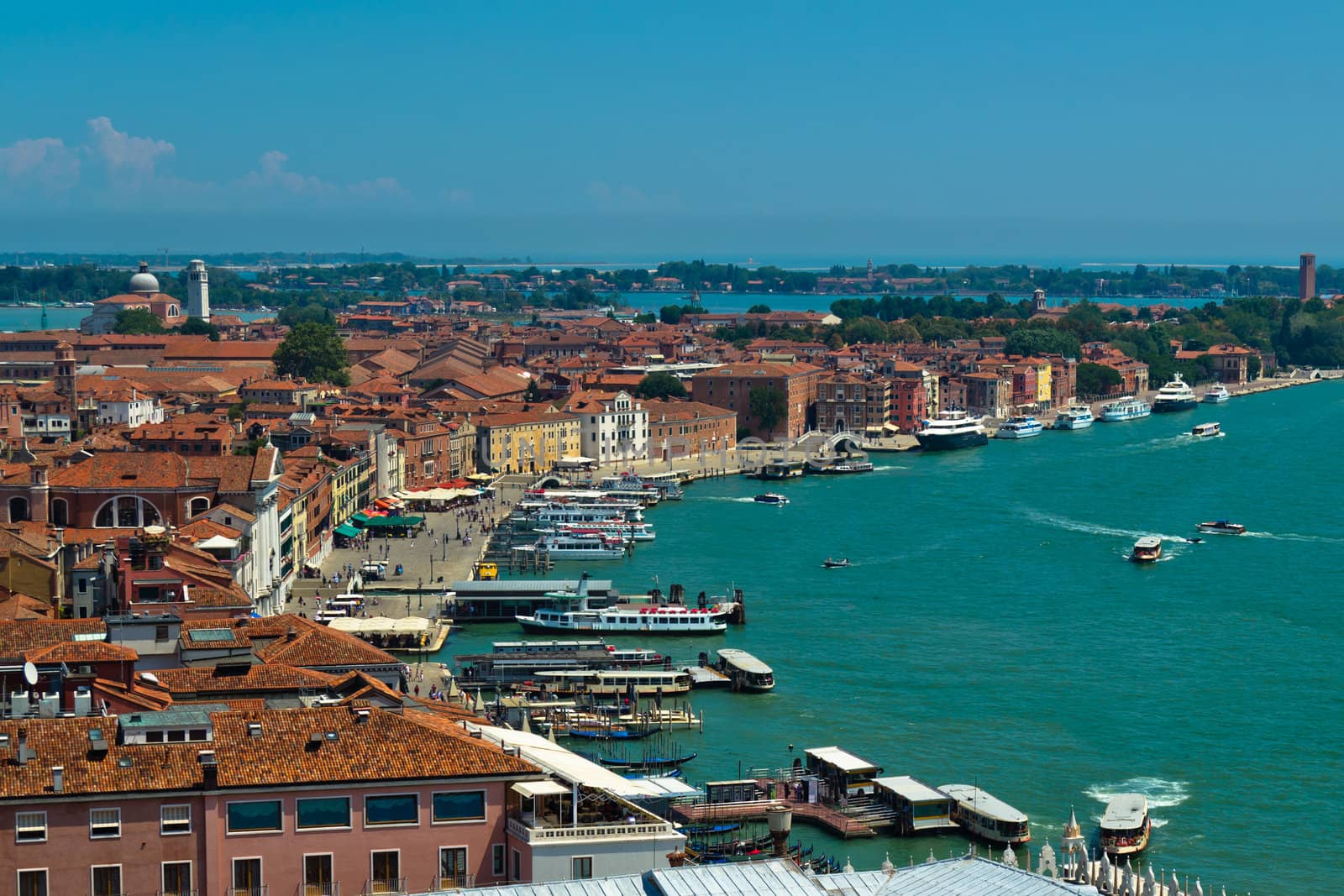 Venice vintage and brick roofs and harbor with ships