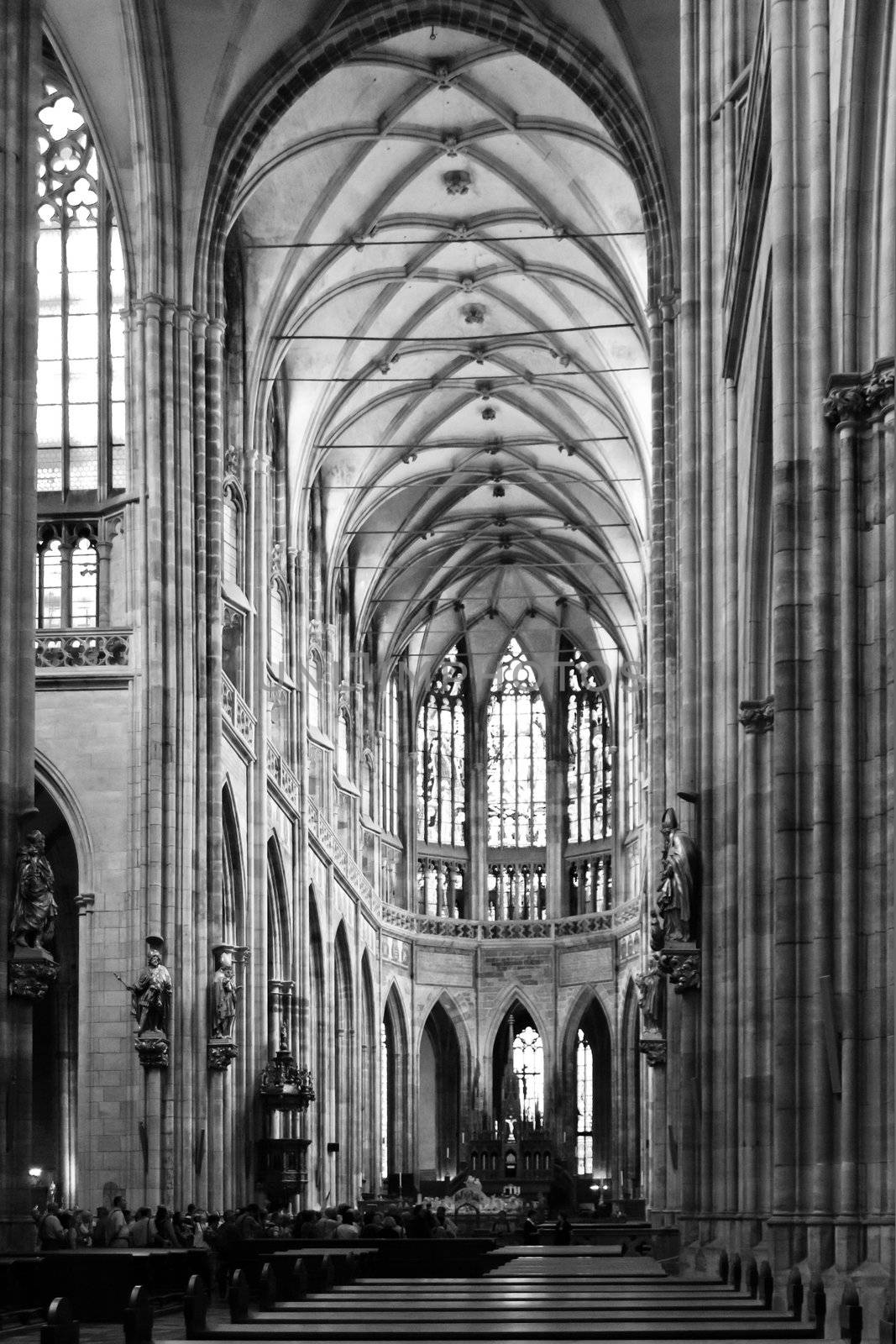 Cathedral old and gothic interior in black and white