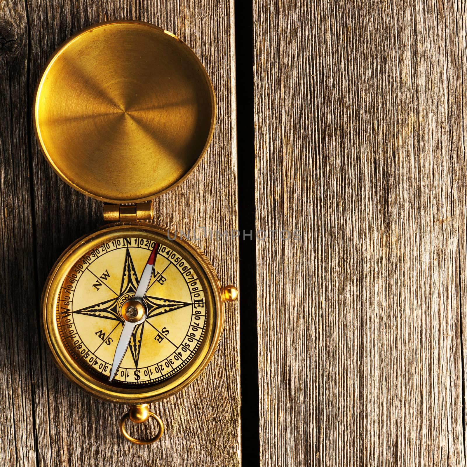 Antique brass compass over wooden background